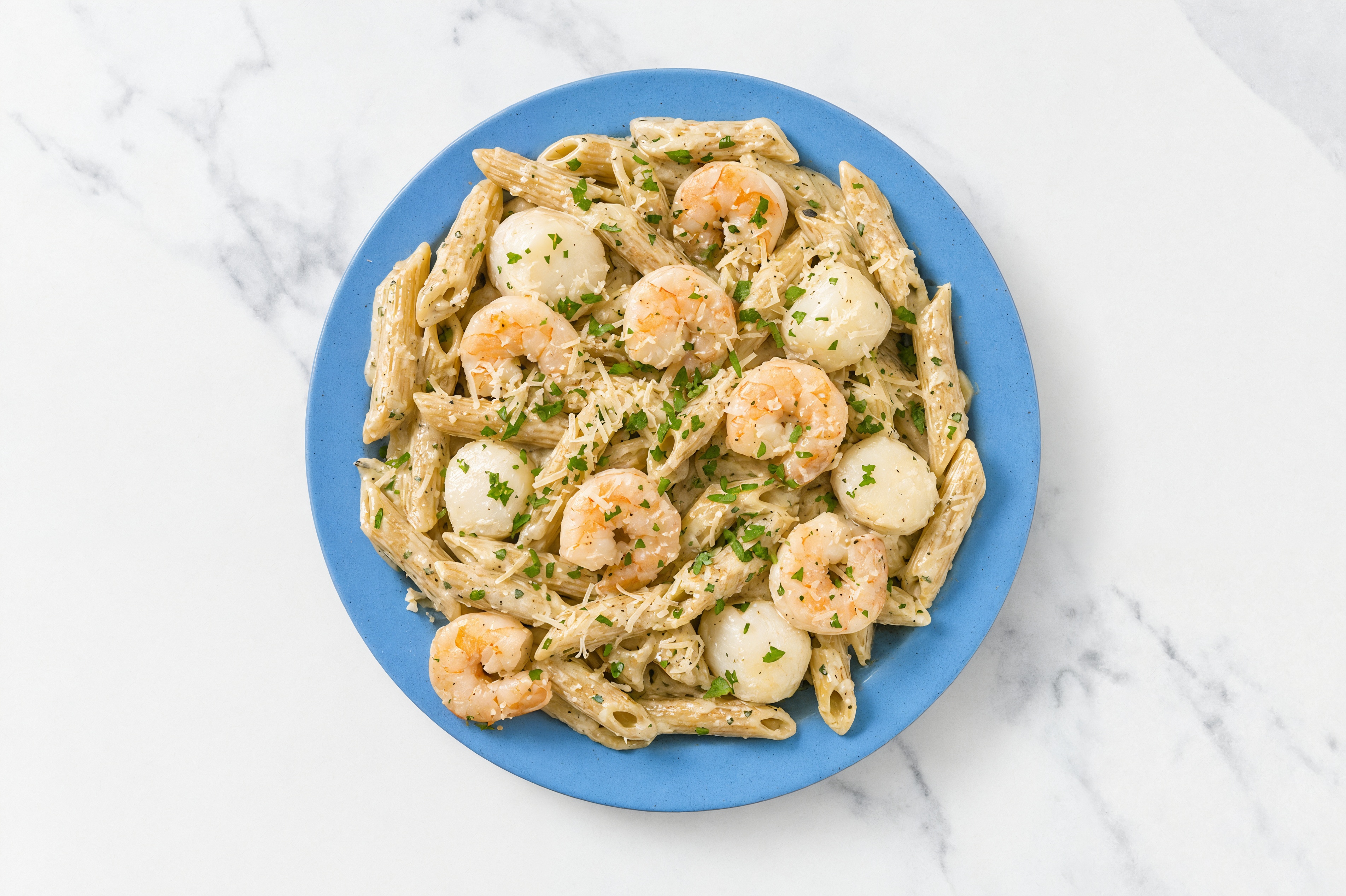 Shrimp + Scallop Pasta Herb Cream with Grated Parmesan Cheese
