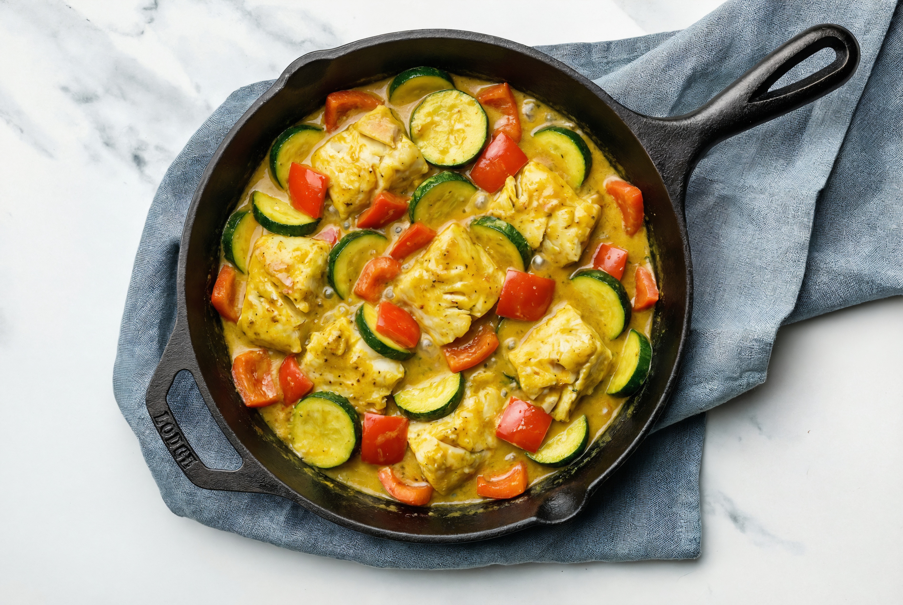 Halibut in Coconut Curry Sauce with Zucchini + Red Bell Pepper