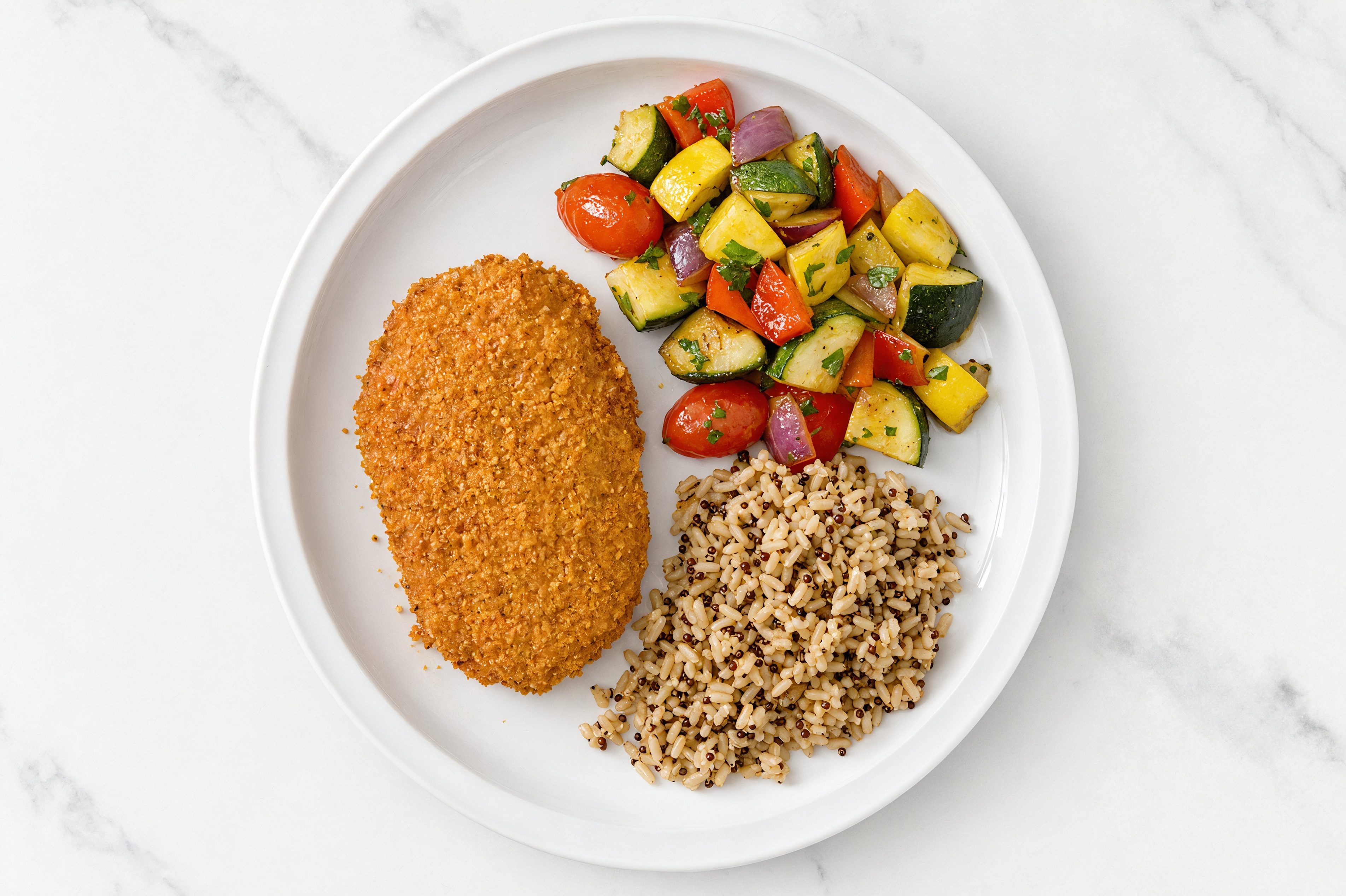Hot Honey Breaded Chicken Cutlet with Squash Skillet & Brown Rice