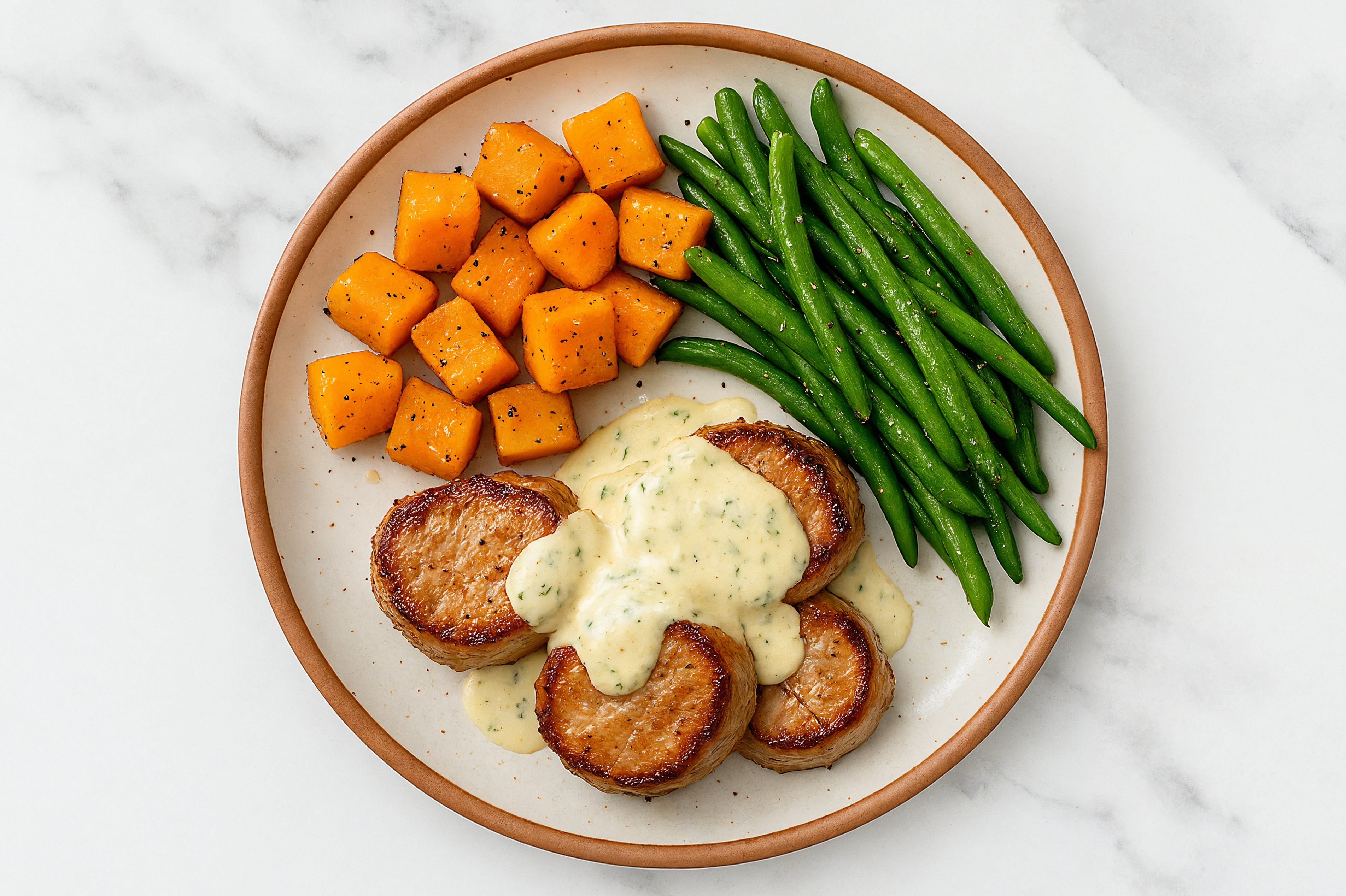 Creamy Herb Smothered Pork Tenderloin with Green Beans & Roasted Butternut Squash