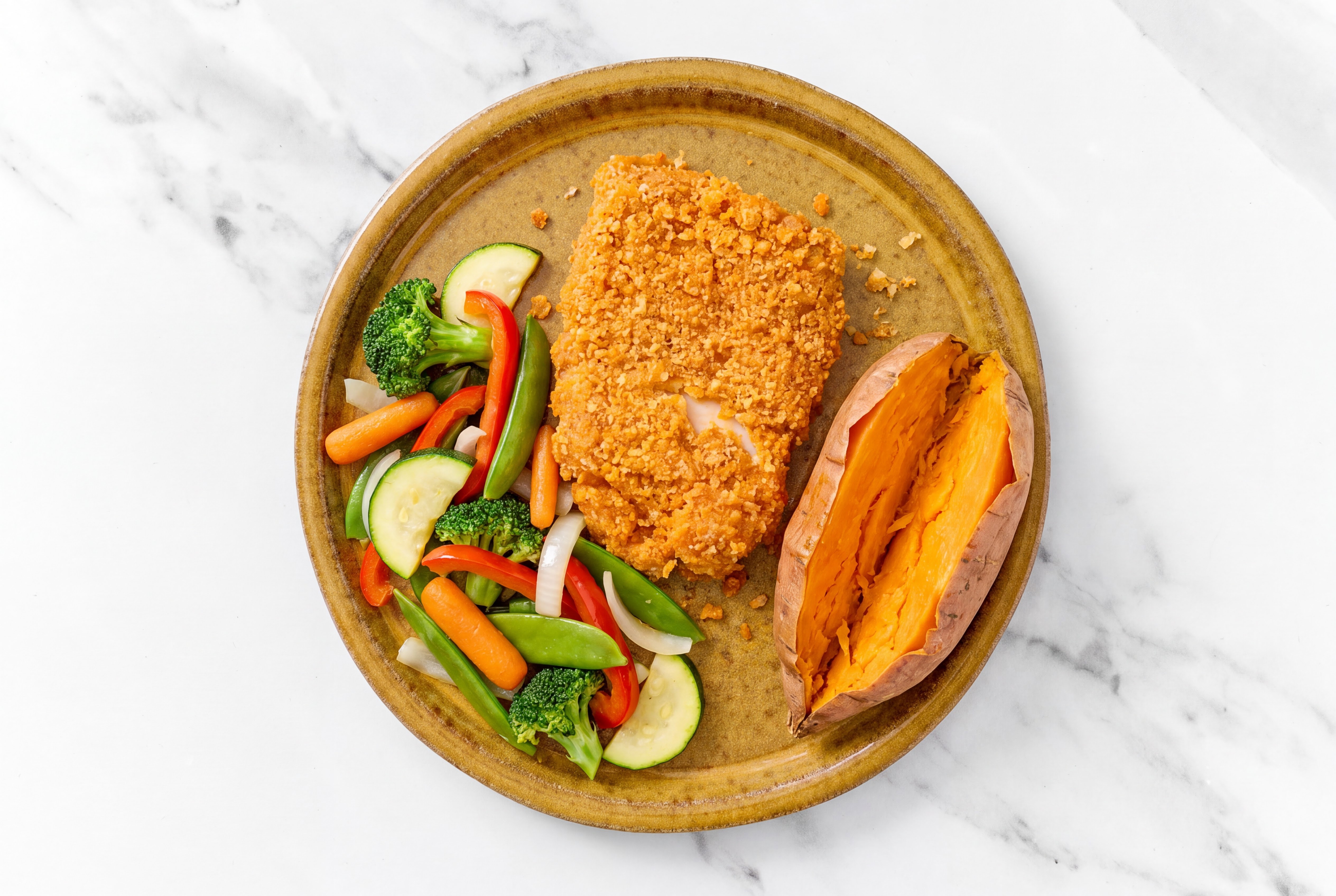 Hot Honey Breaded Chicken Cutlet with Mixed Veggies & Sweet Potato
