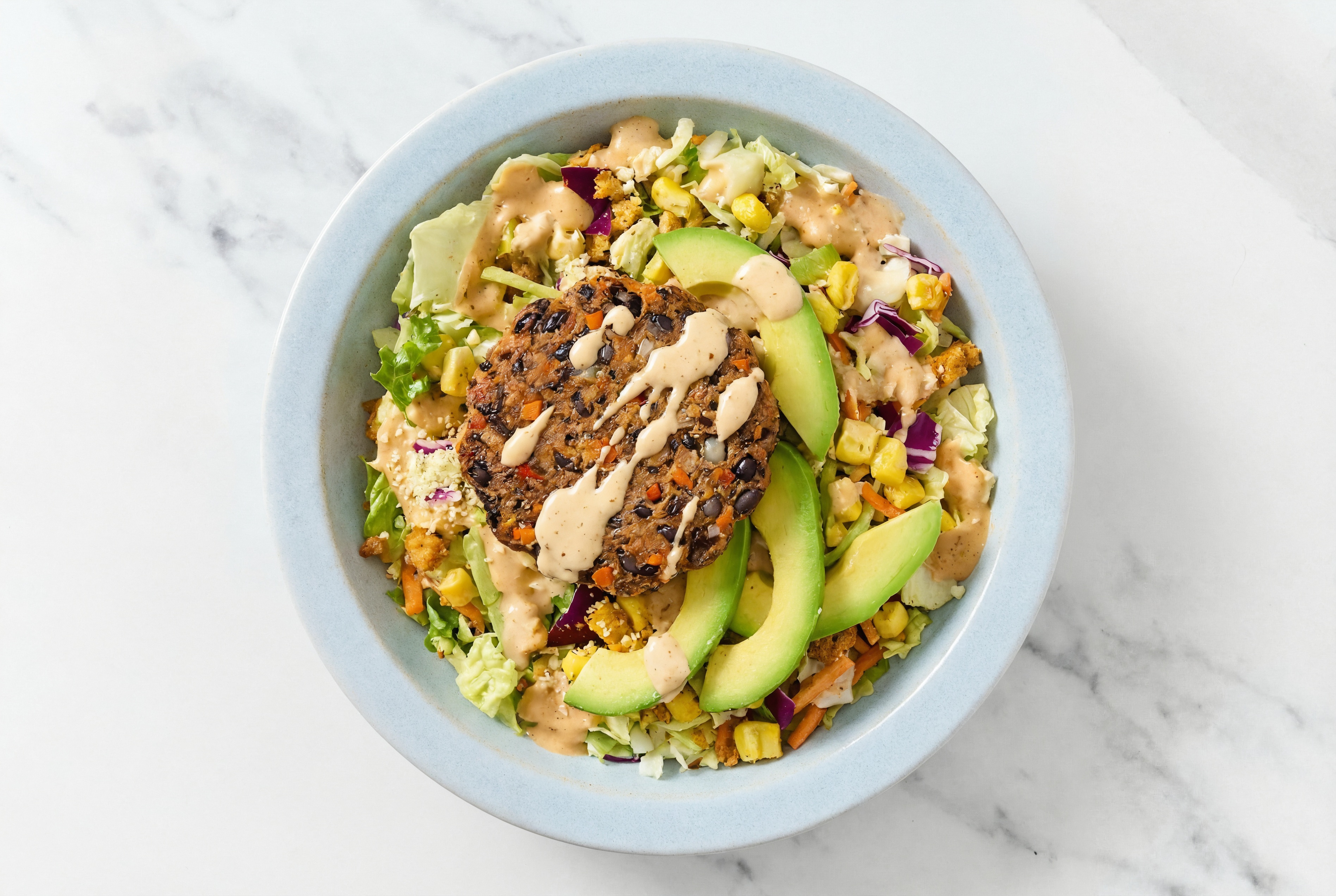 Street Corn Chopped Salad with Black Bean Patties + Avocado