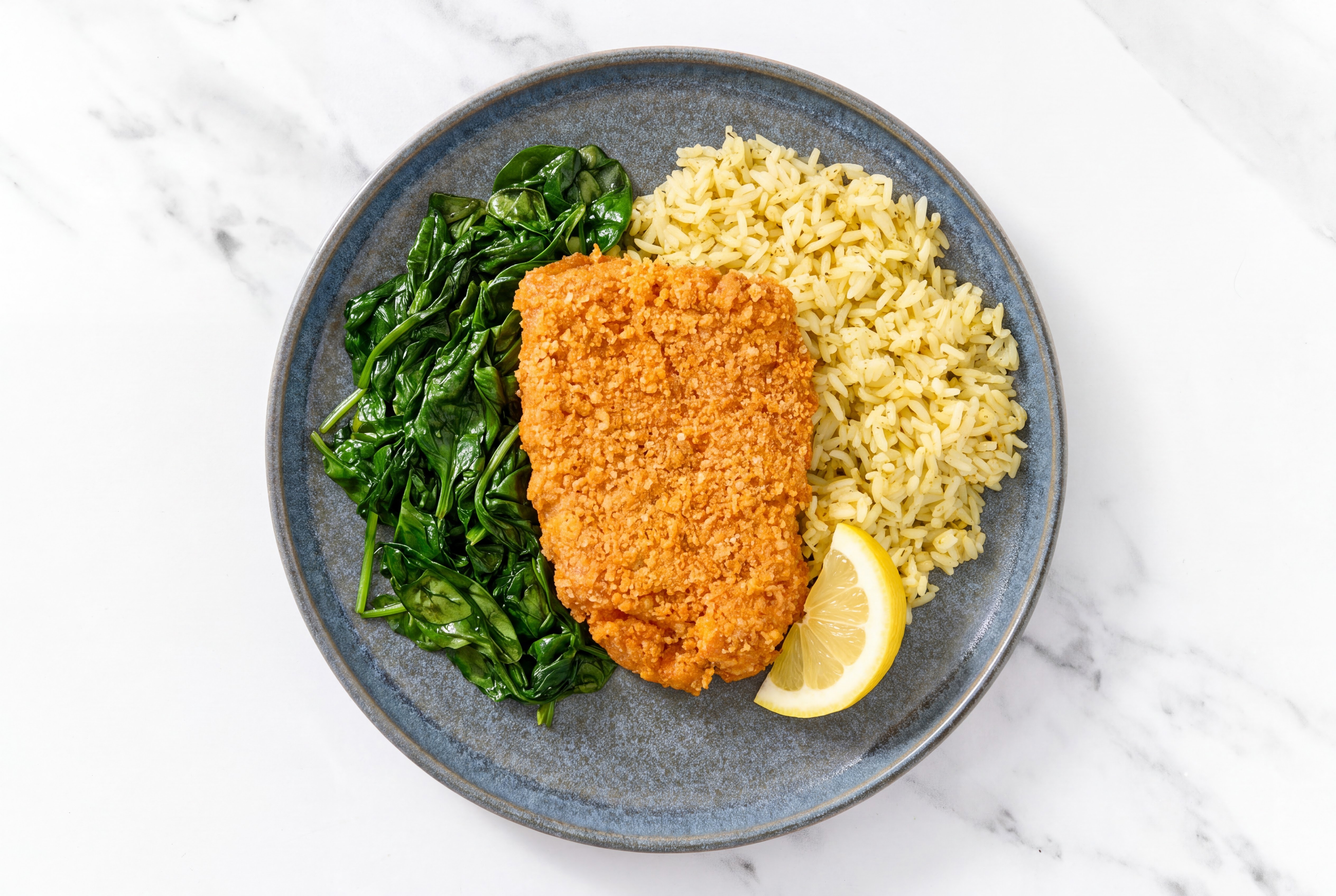 Lemon Hot Honey Breaded Chicken Cutlet with Baby Spinach & Jasmine Rice