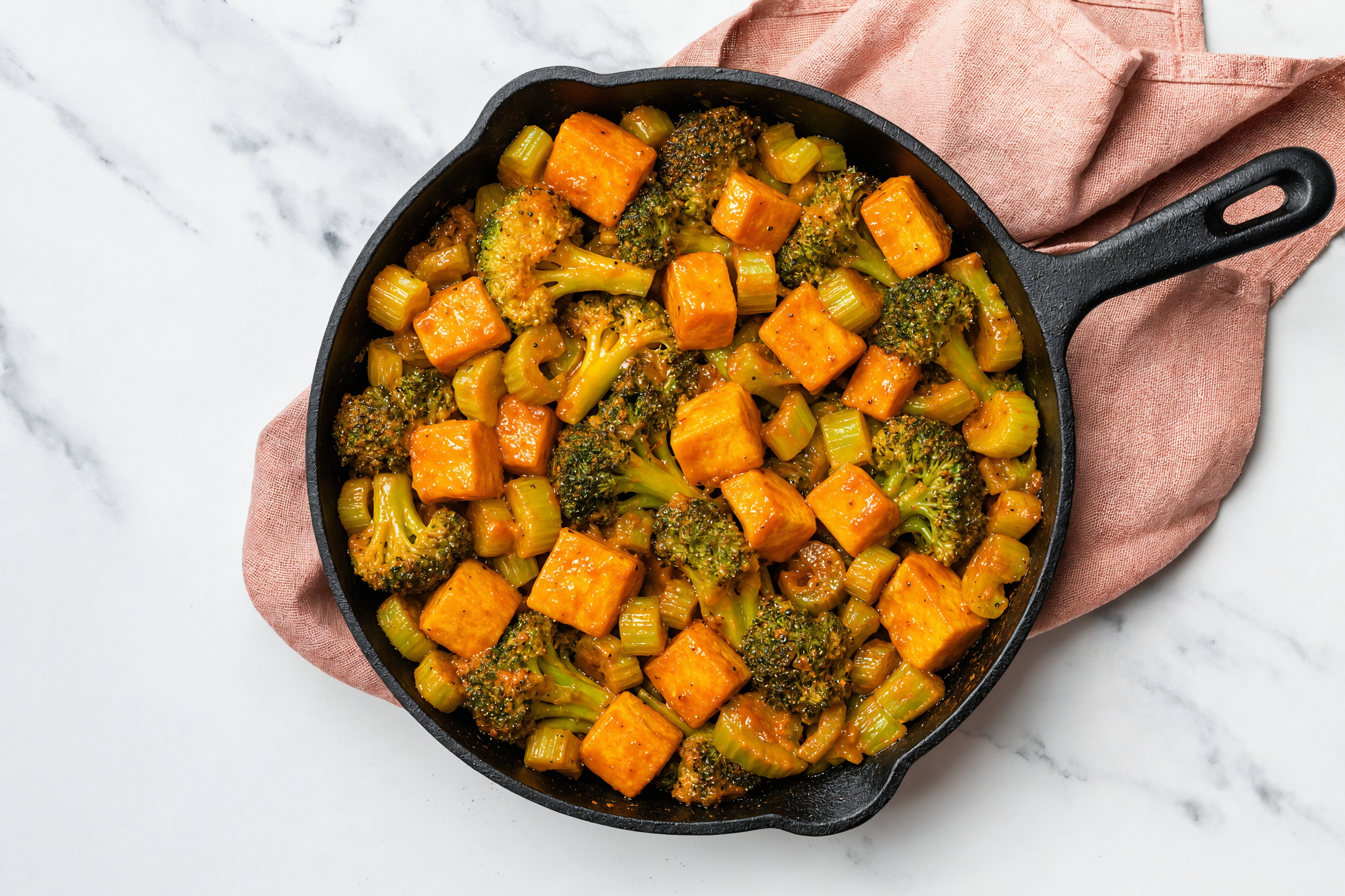 Soft & Creamy Paneer in Peppery Sauce with Broccoli + Celery over Rice with Beans