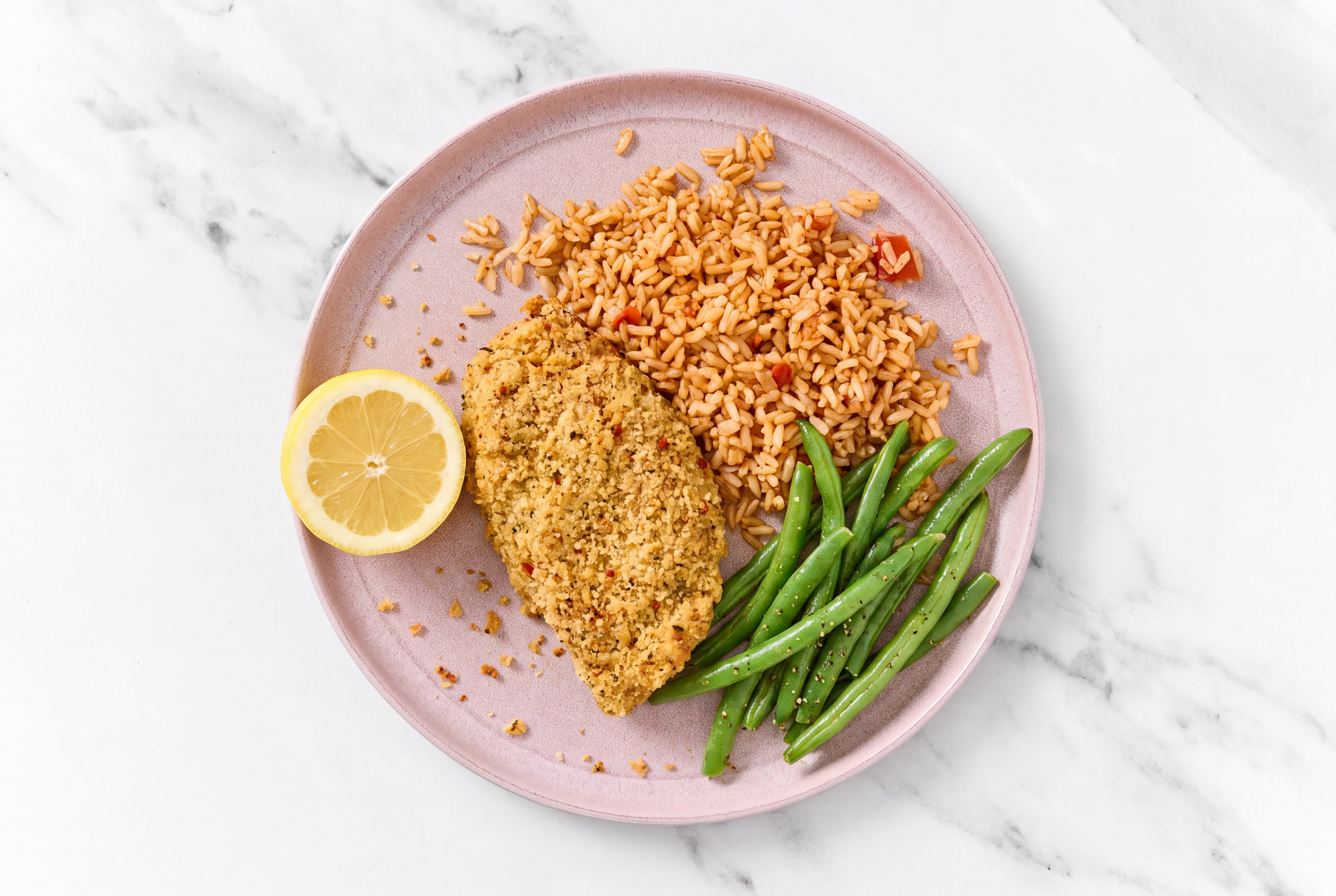 Lemon Parmesan Breaded Chicken Cutlet with Organic Green Beans & Mexican Rice