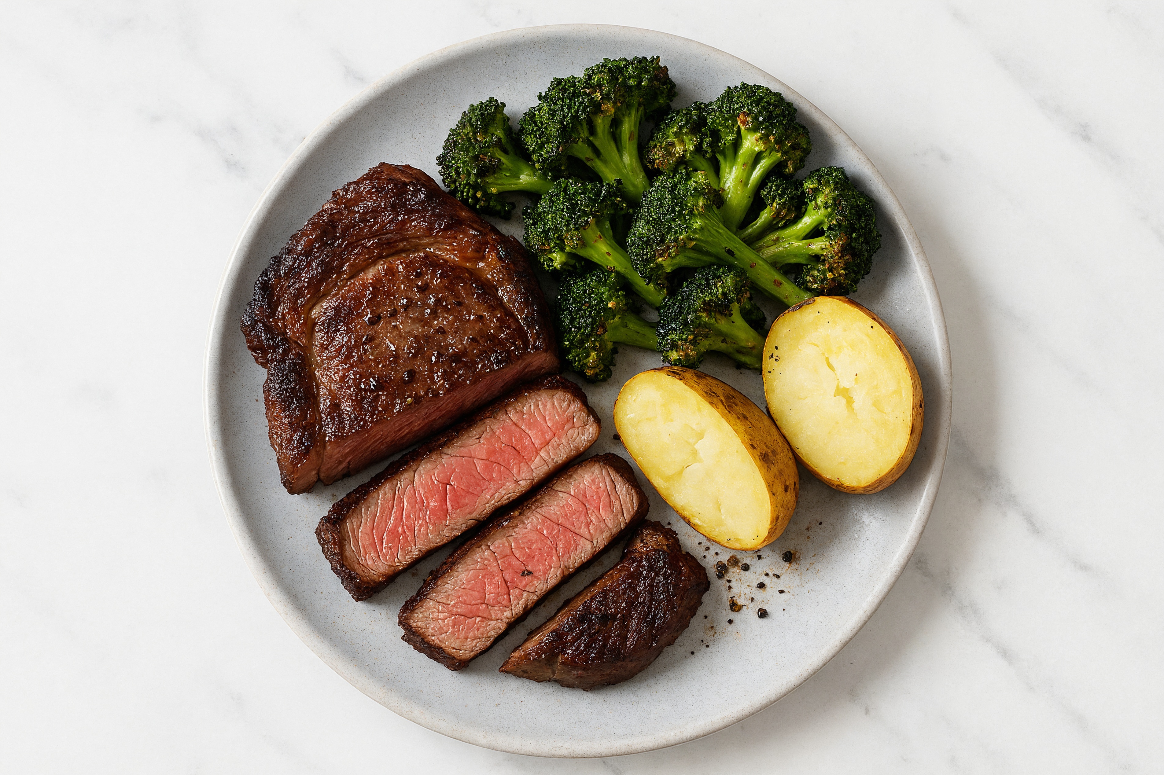 Classic Ribeye Steak + Baked Potato with Broccoli Florets
