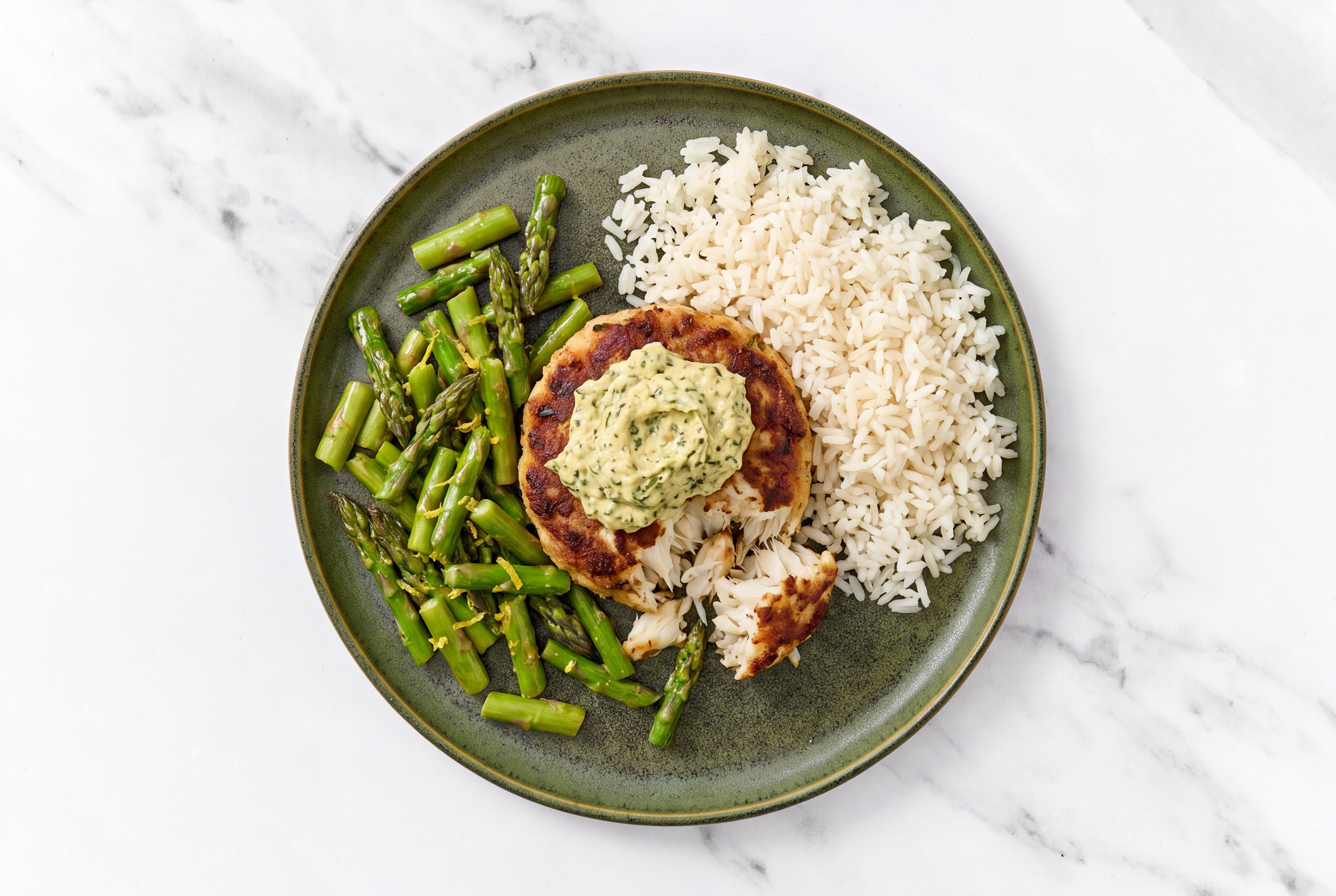 Herby Spinach Artichoke Jumbo Lump Crab Cakes + Lemony Asparagus