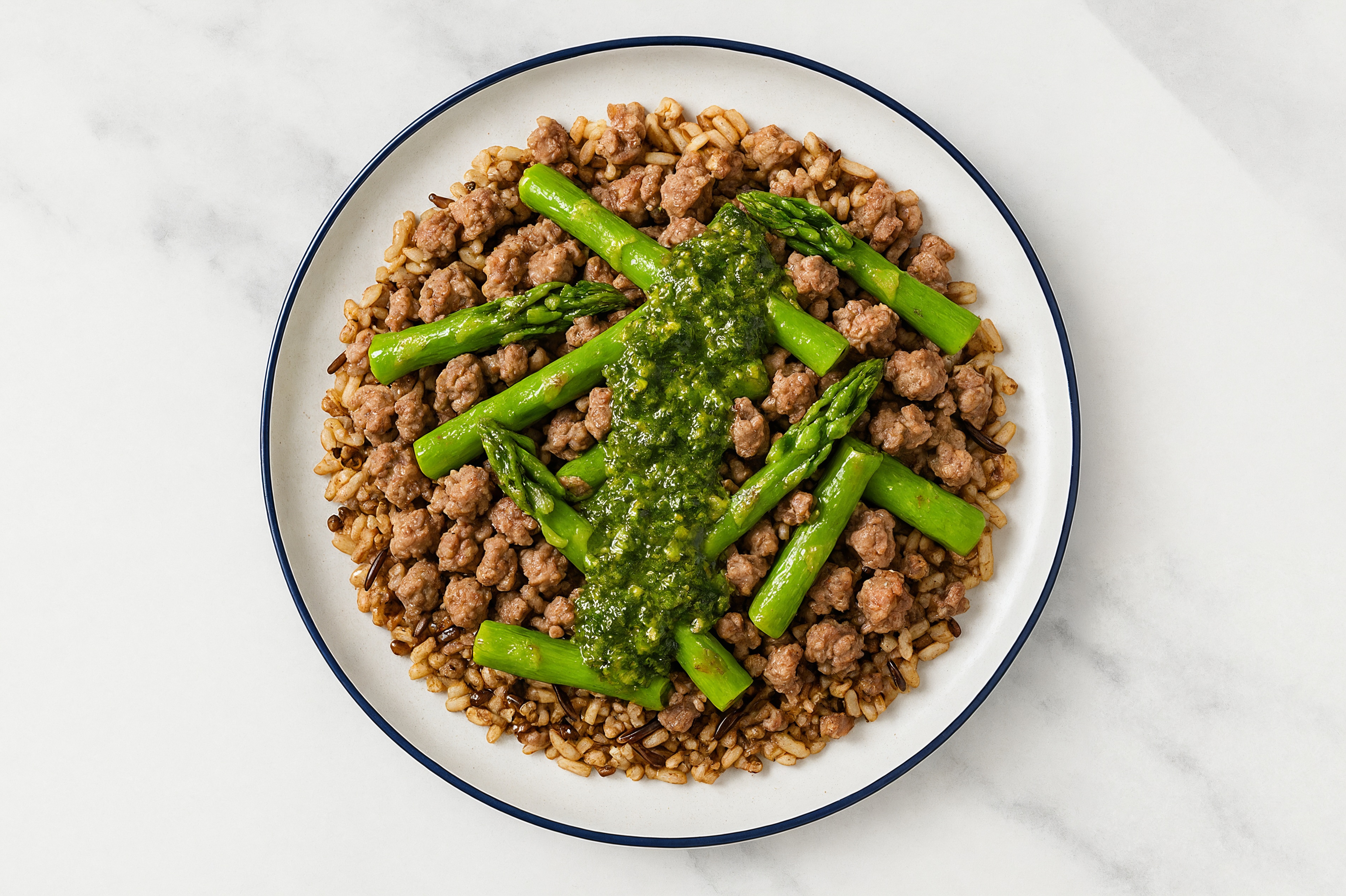 Ground Lamb & Asparagus Seven Grain Blend Bowl with Kale Spinach Pesto