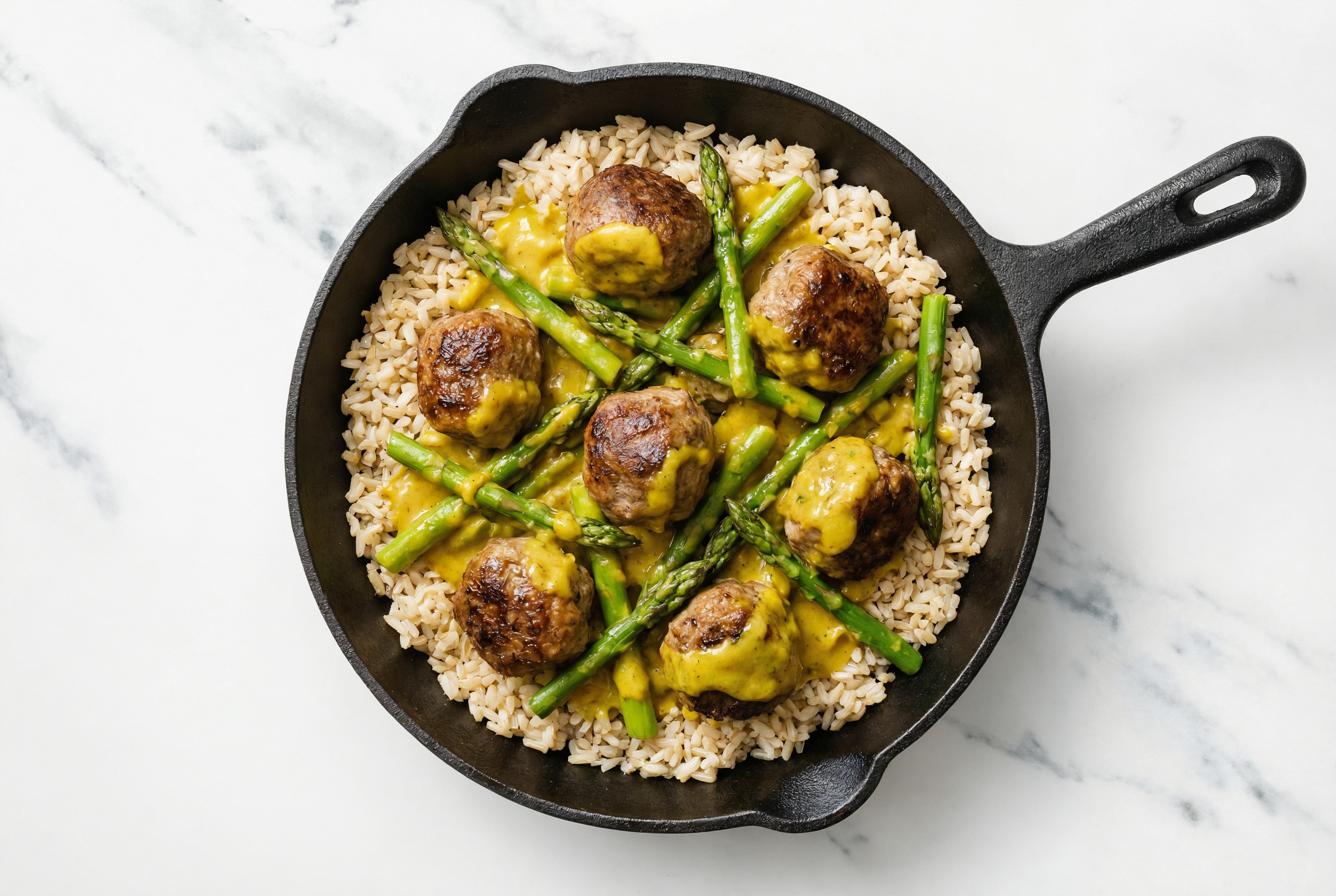 Coconut Curry Meatball Stir-Fry with Asparagus over Brown Rice