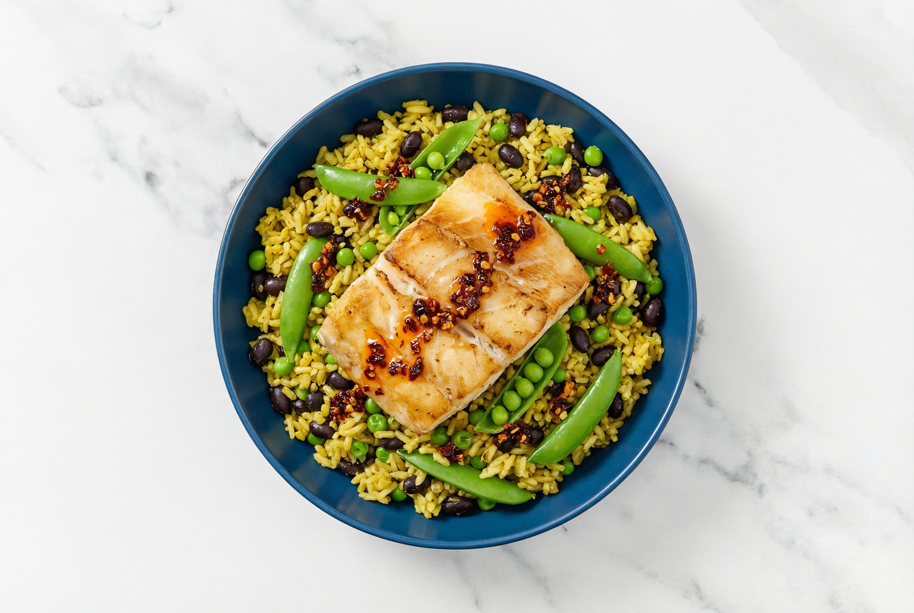 Chili Crisp Barramundi Rice with Beans Bowl