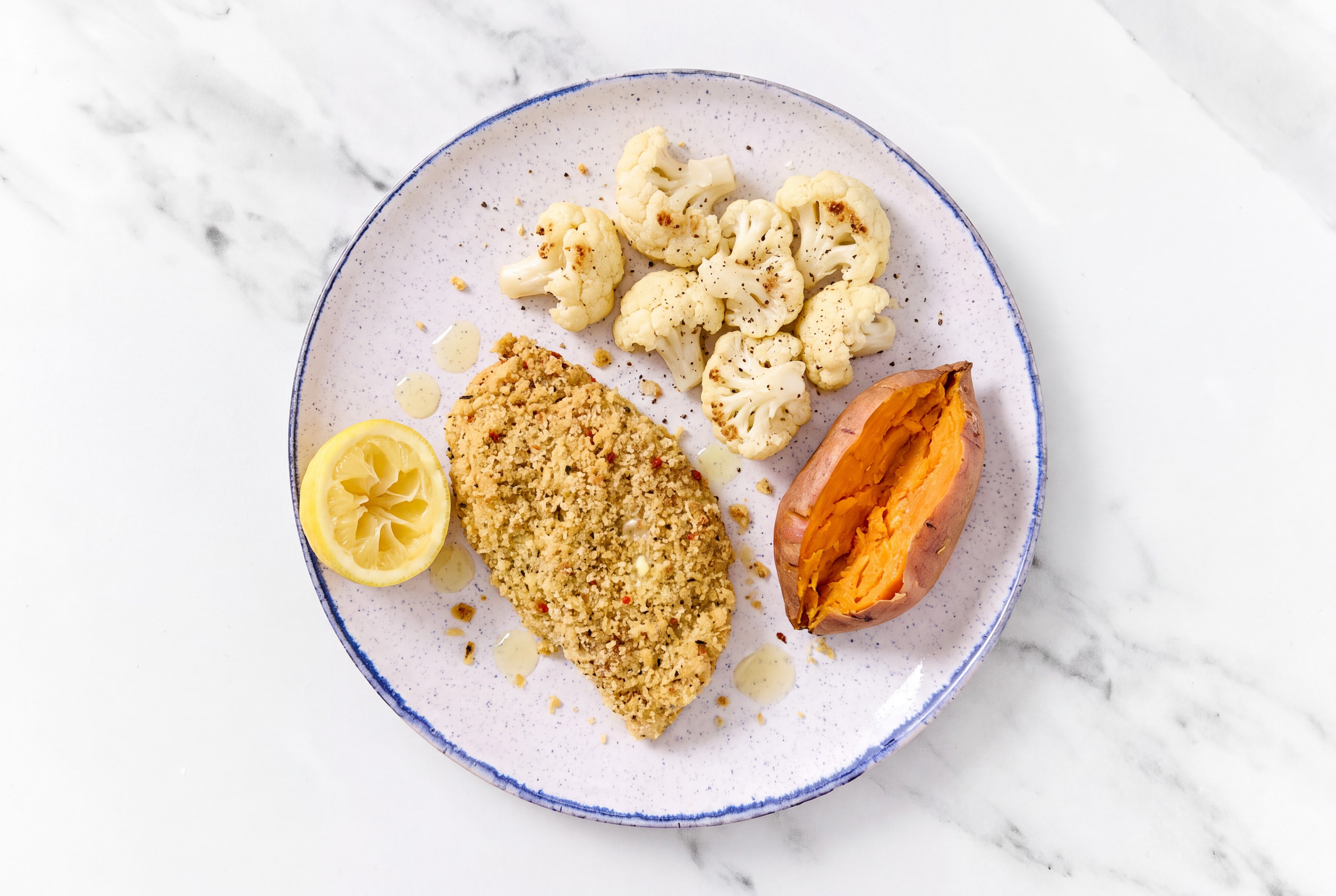 Lemon Parmesan Breaded Chicken Cutlet with Cauliflower & Sweet Potato