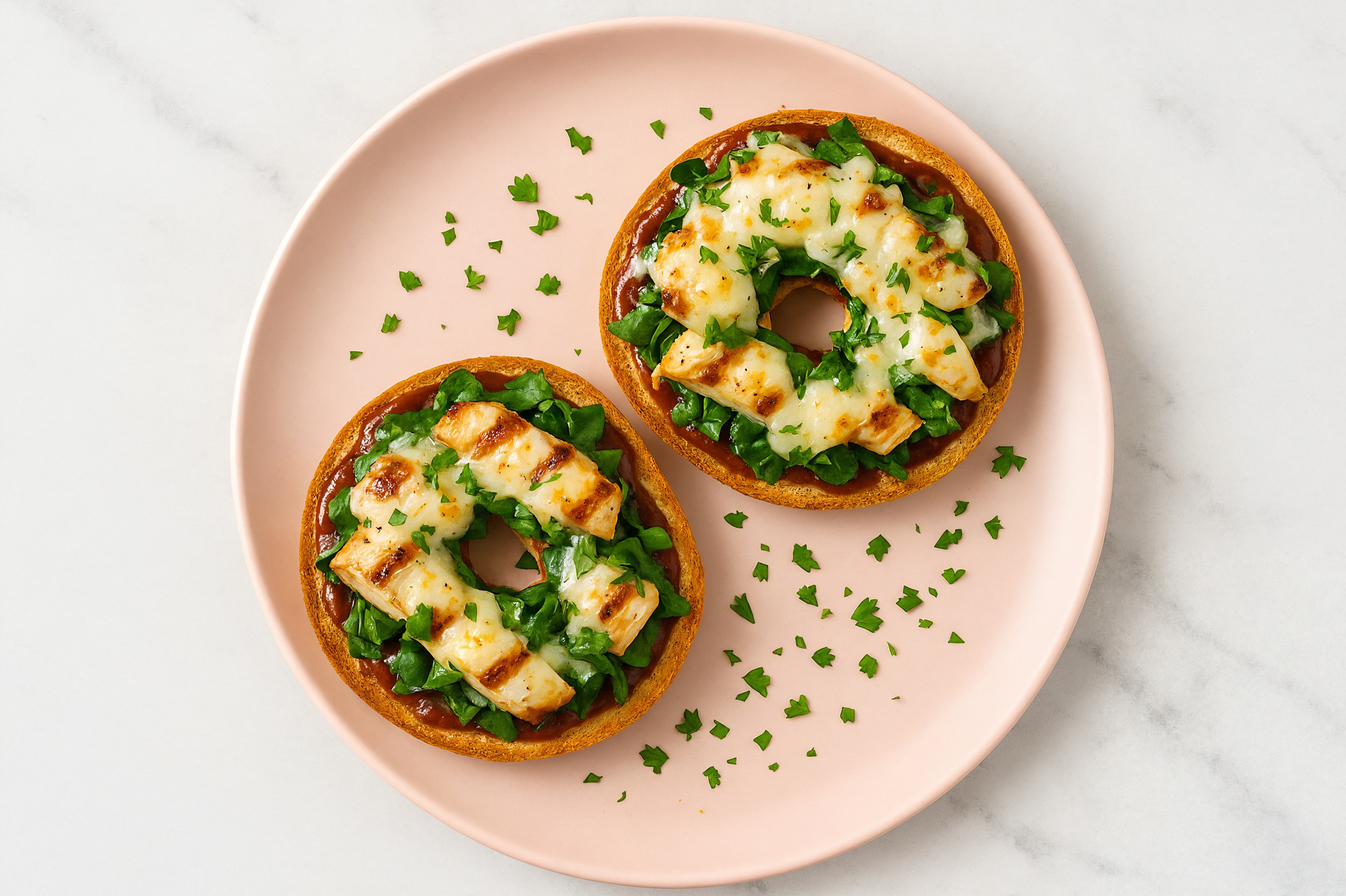 BBQ Grilled Chicken + Spinach Pizza Gluten-Free Plain Bagels with Parsley
