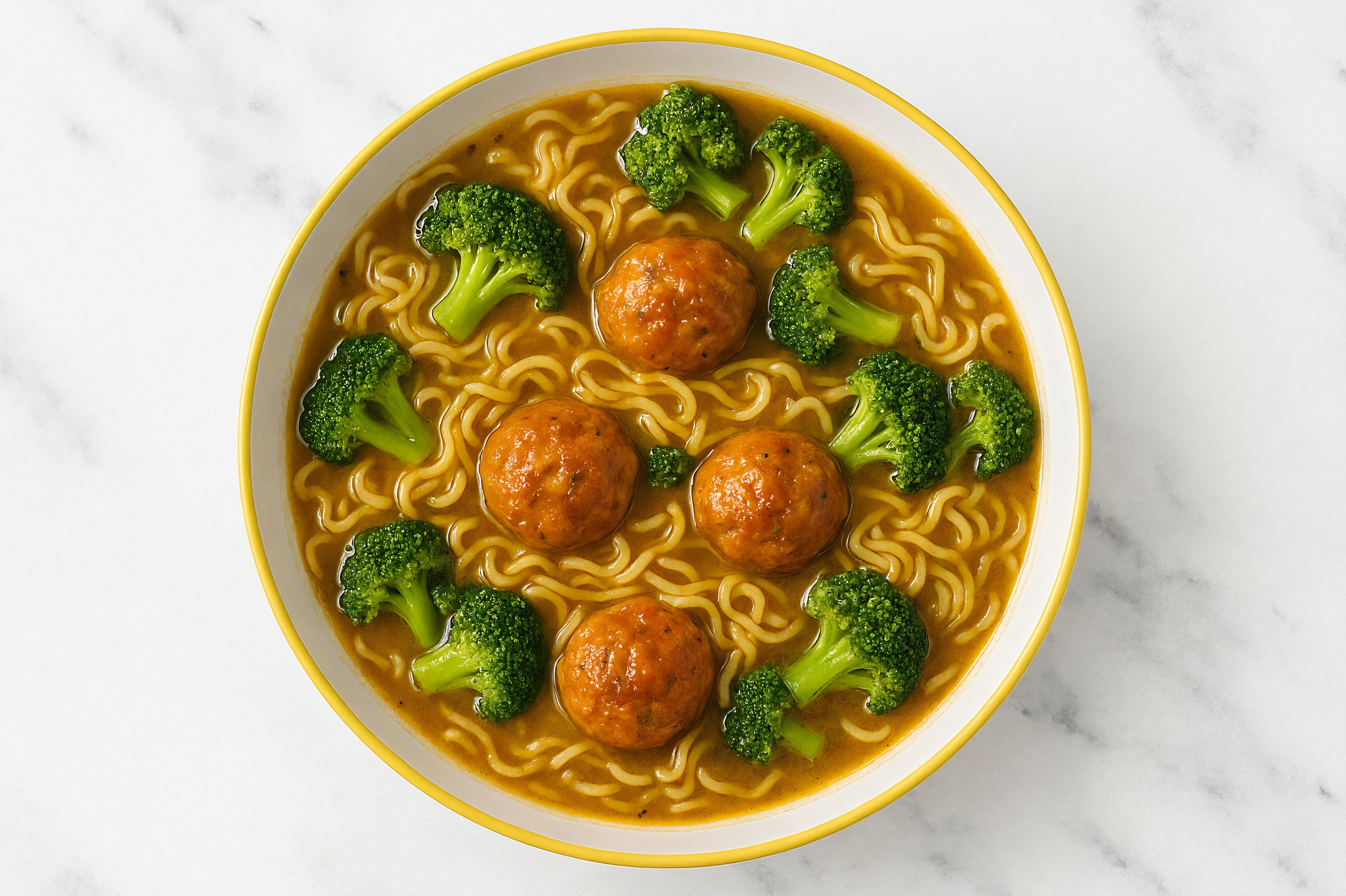 Sweet Chili Turkey Meatball Ramen Souo with Broccoli Florets