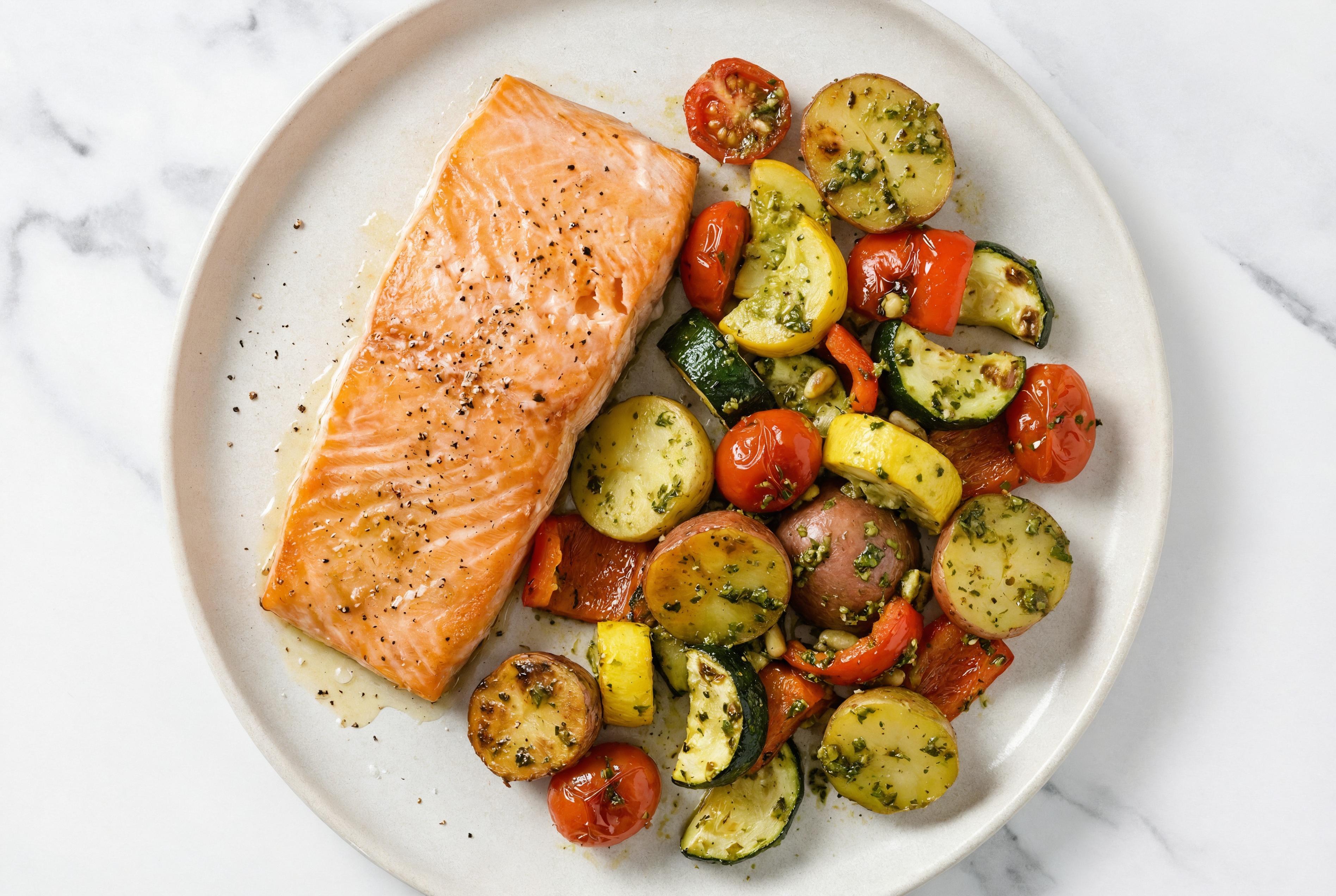 Sheet Pan Pesto-Salmon with Potatoes & Squash
