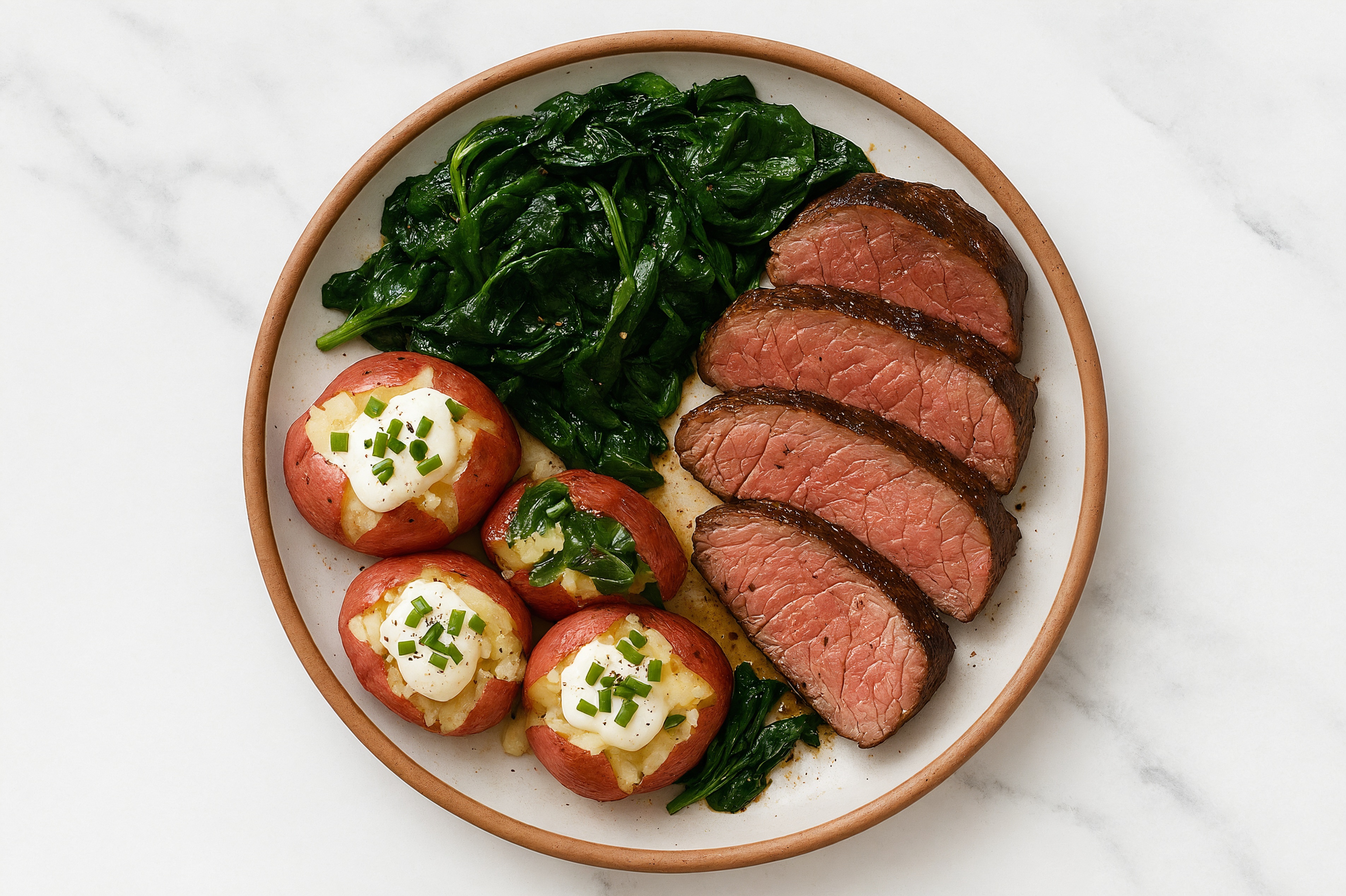 Beef Sirloin Steaks + Red Potatoes, Chives, Creme Fraiche + Baby Spinach