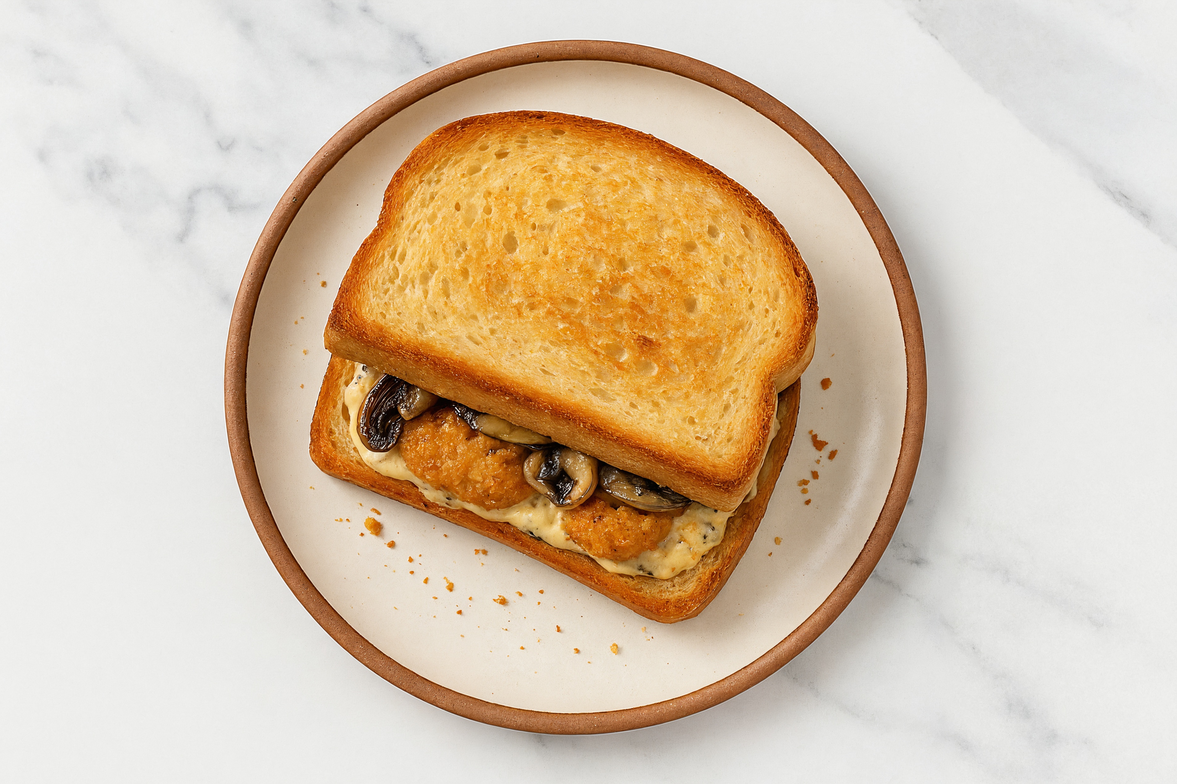 Street Corn "Chicken" Tenders Sandwich with Portabellas on Honey White Bread