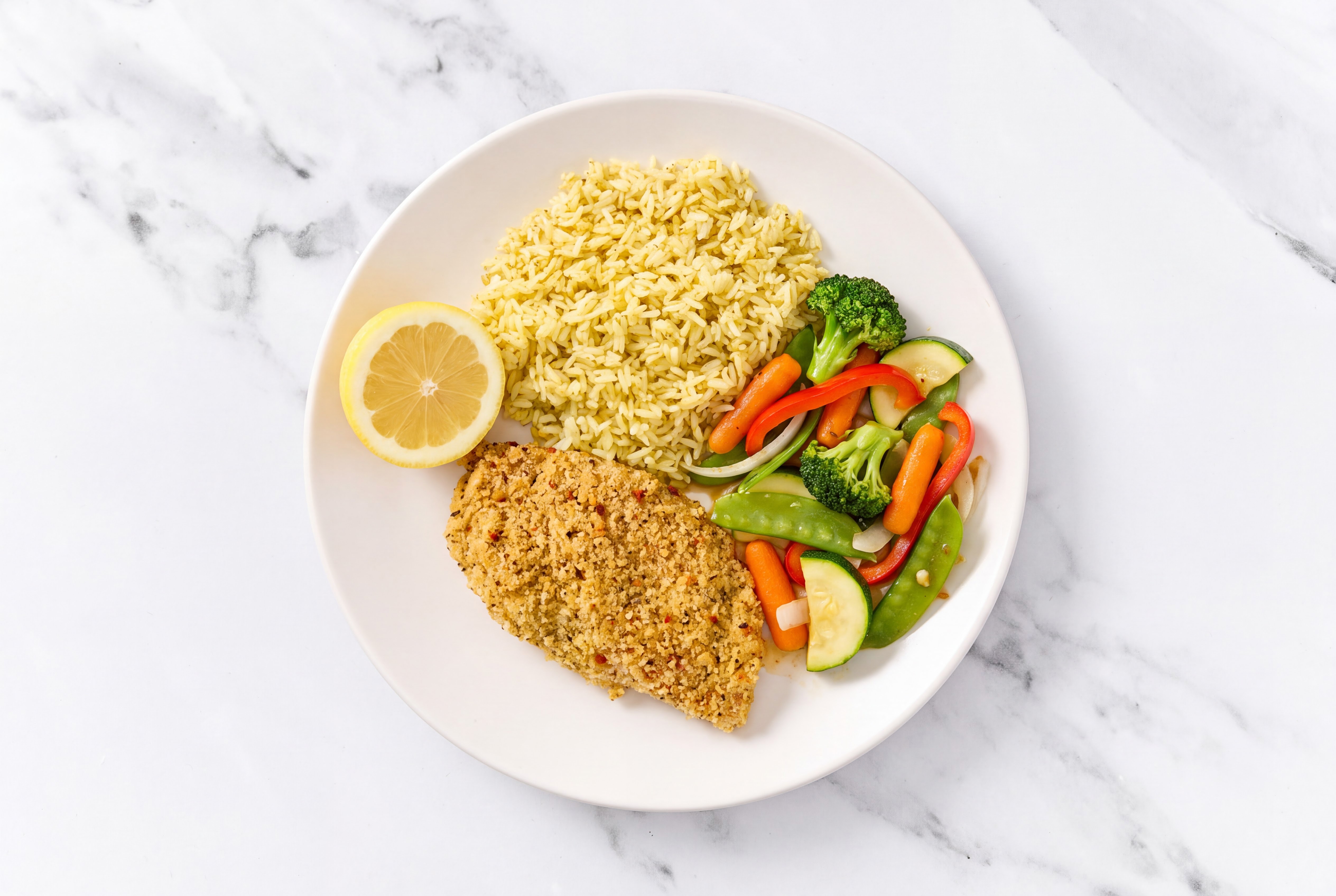 Lemon Parmesan Breaded Chicken Cutlet with Mixed Veggies & Jasmine Rice