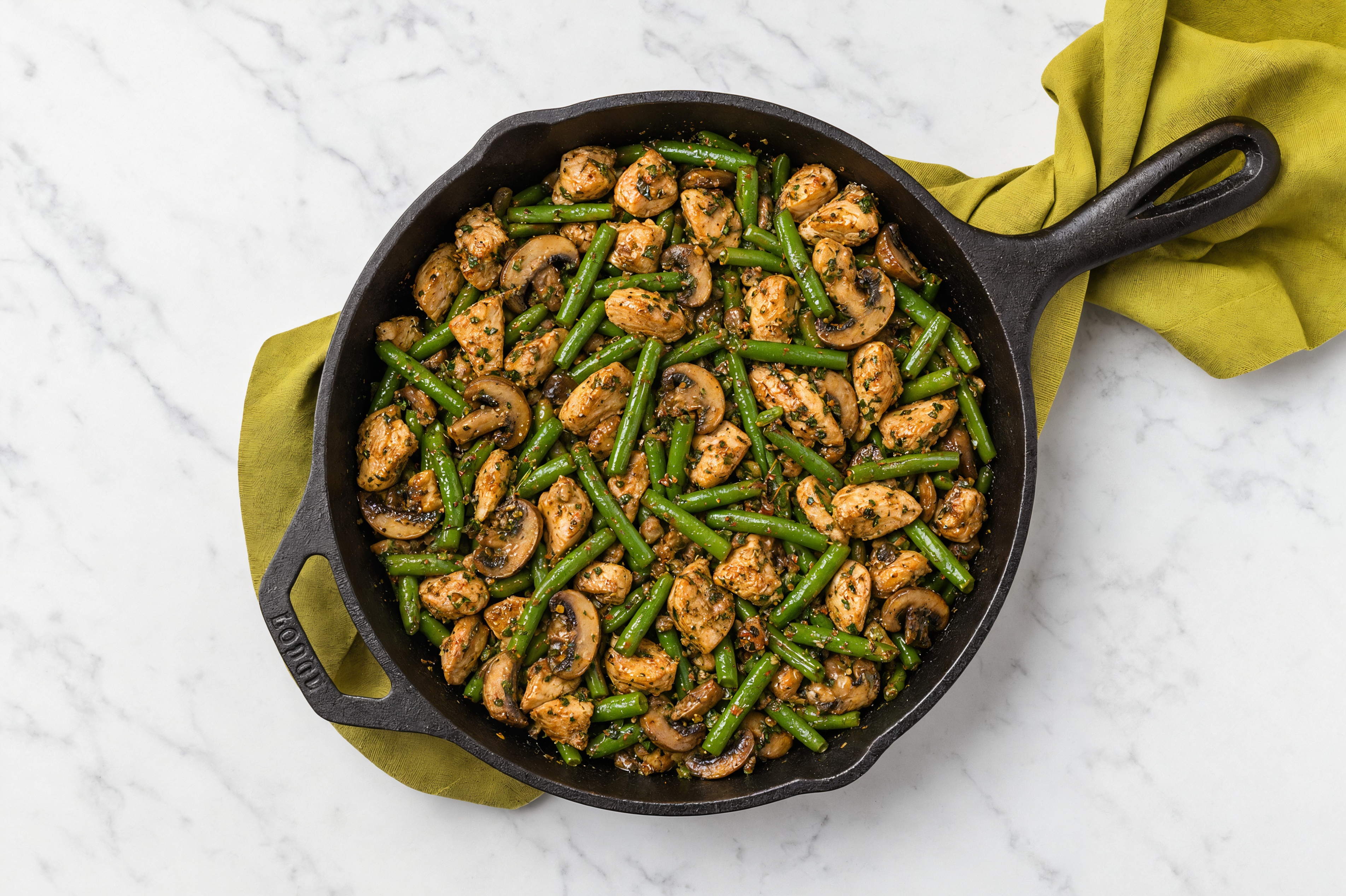 Garlicky Chicken, Organic Green Bean + Mushroom Skillet