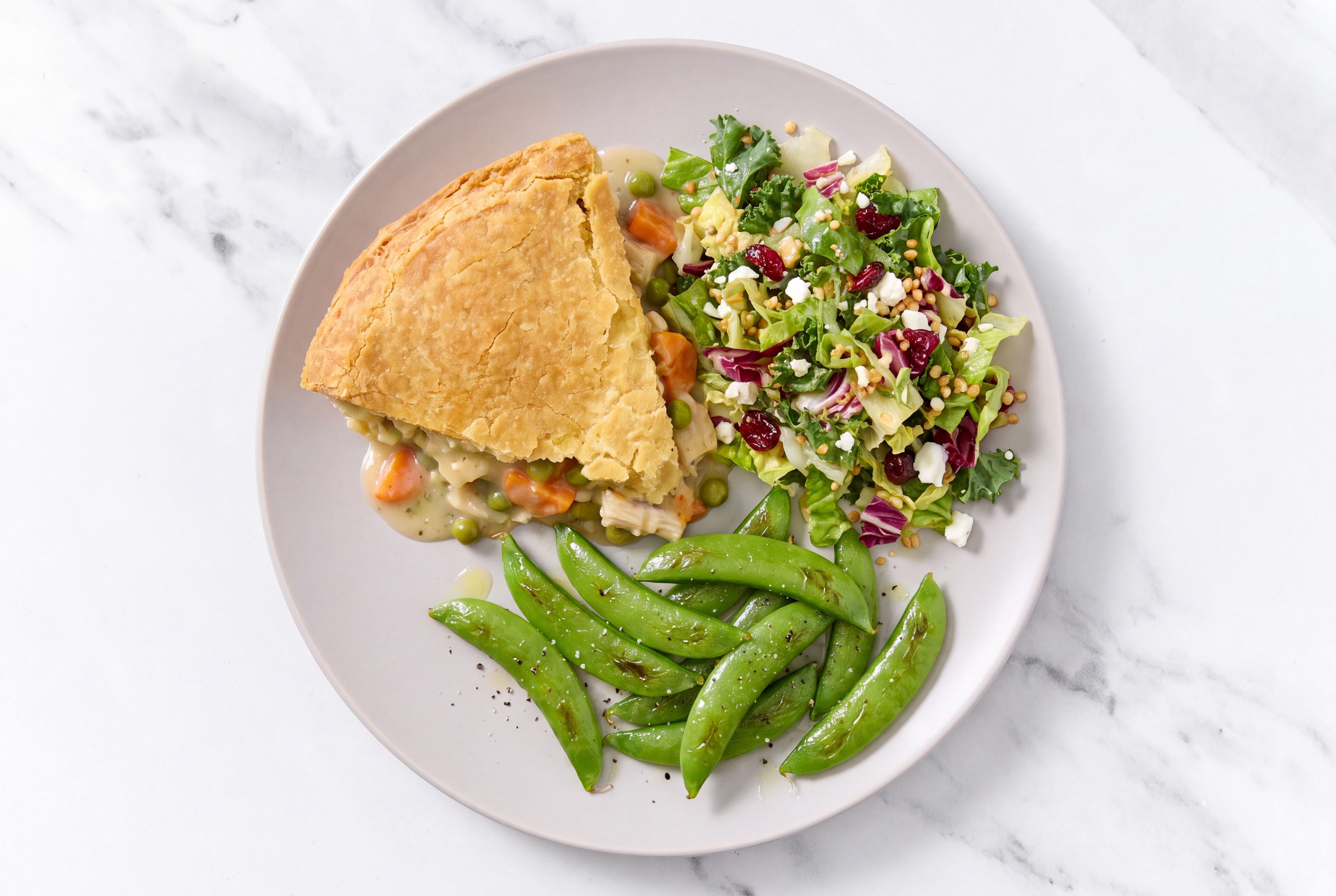Chicken Pot Pie with Snap Peas & Honey Citrus Salad