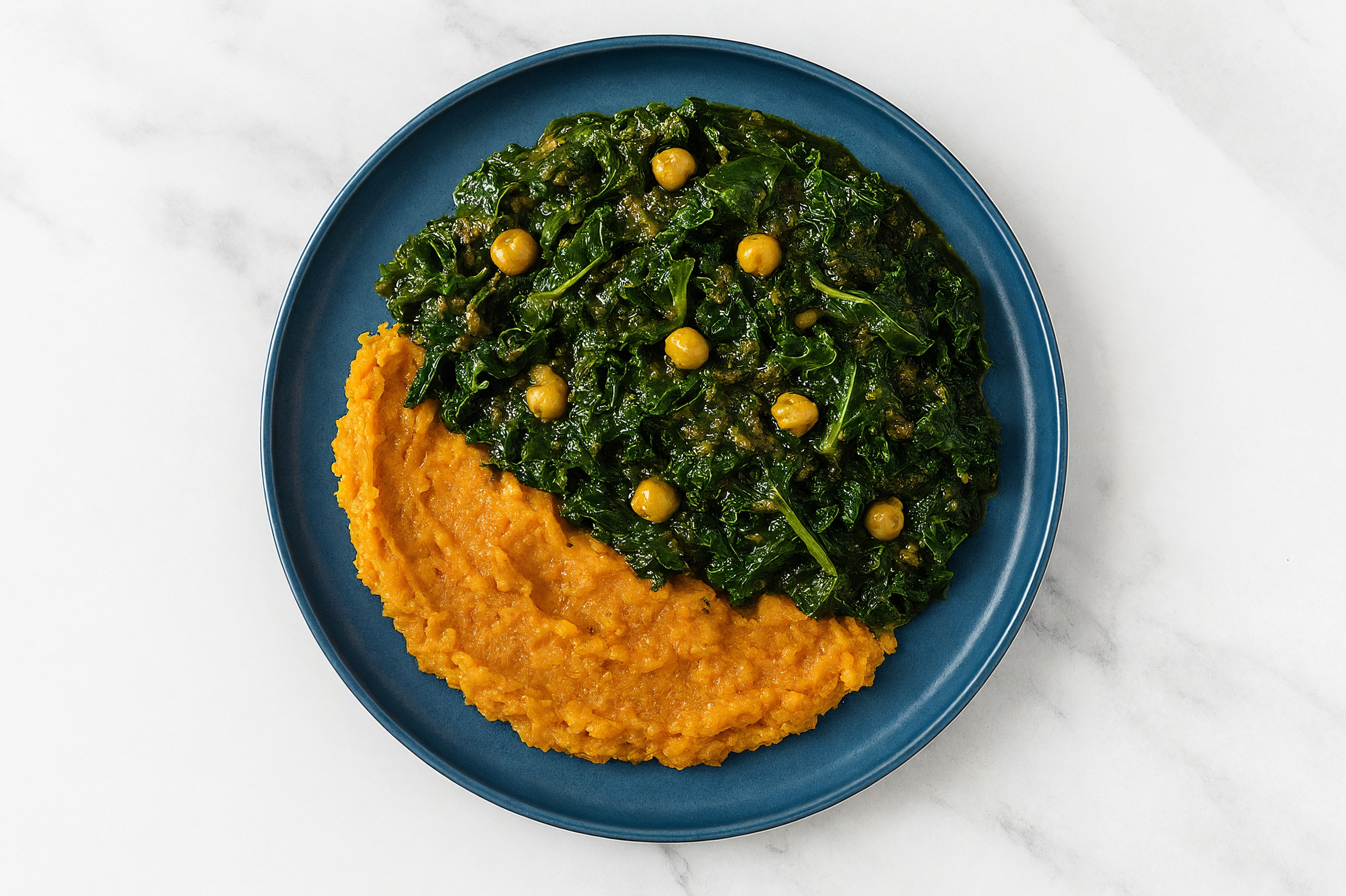 Chickpeas Saag with Kale over Mashed Japanese Sweet Potato