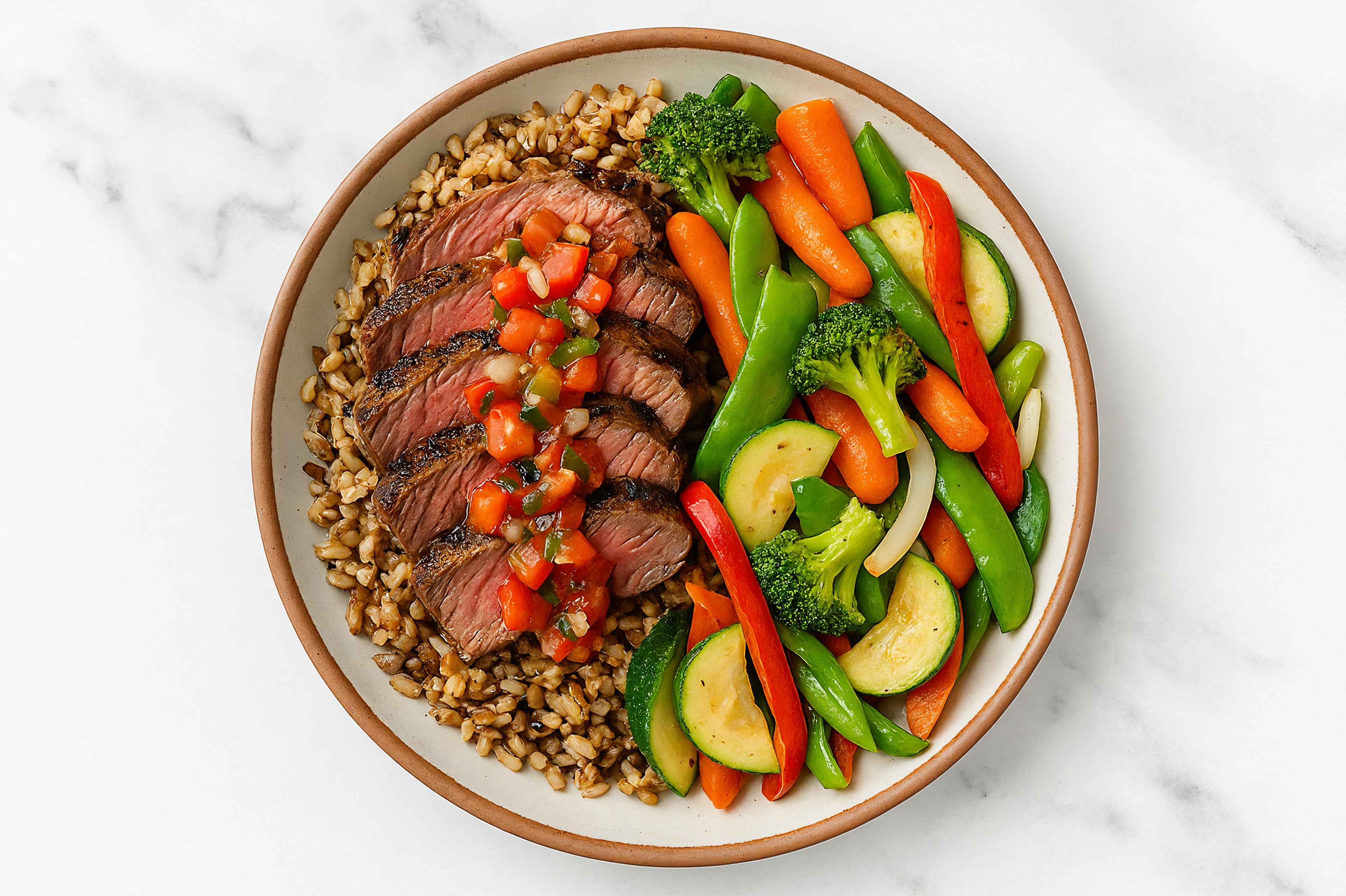 Strip Steak & Veggie Mix Grain Bowl with Mild Fresh Salsa
