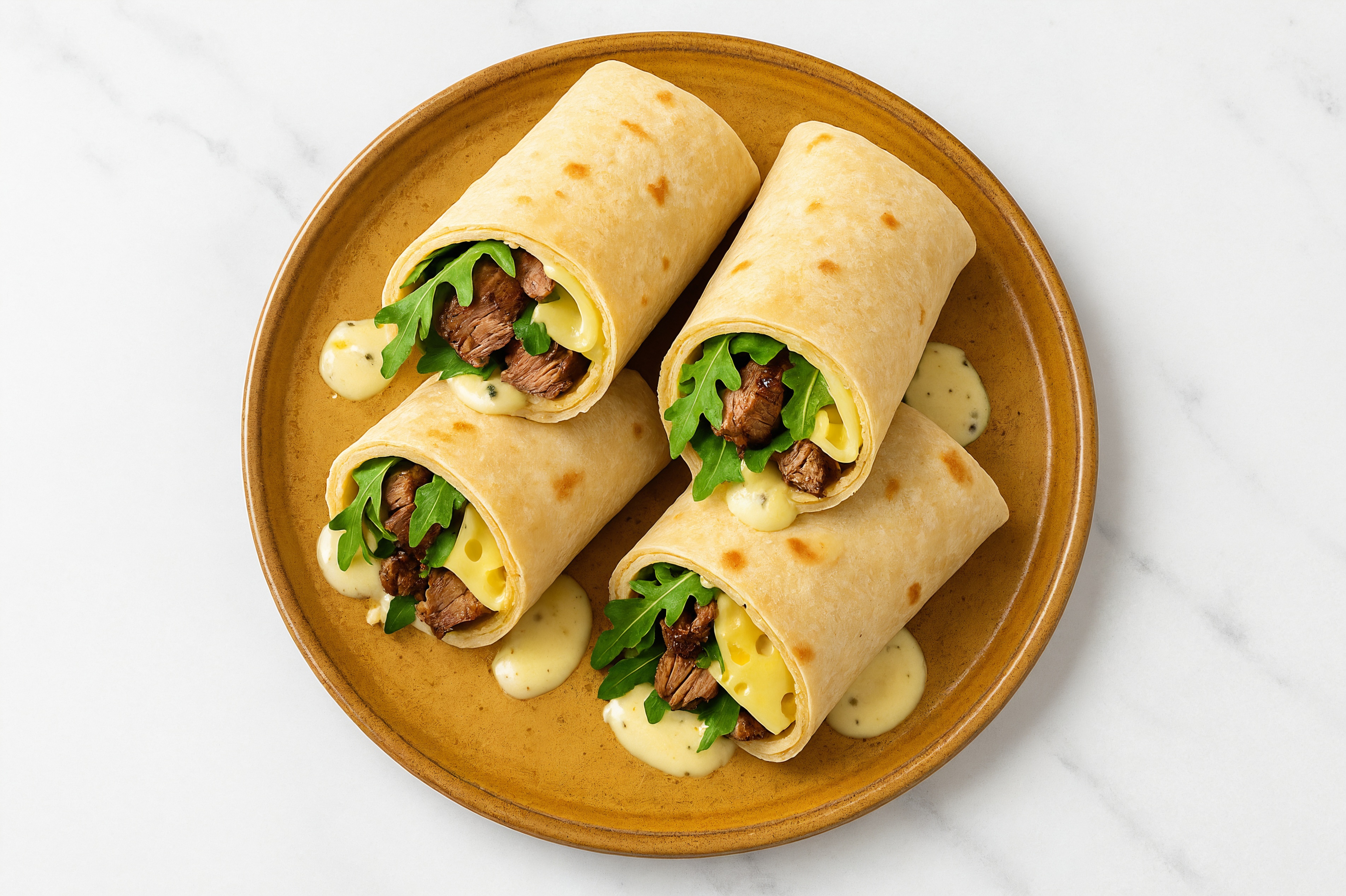 Herby Sliced Steak + Swiss Tortilla Wraps with Arugula