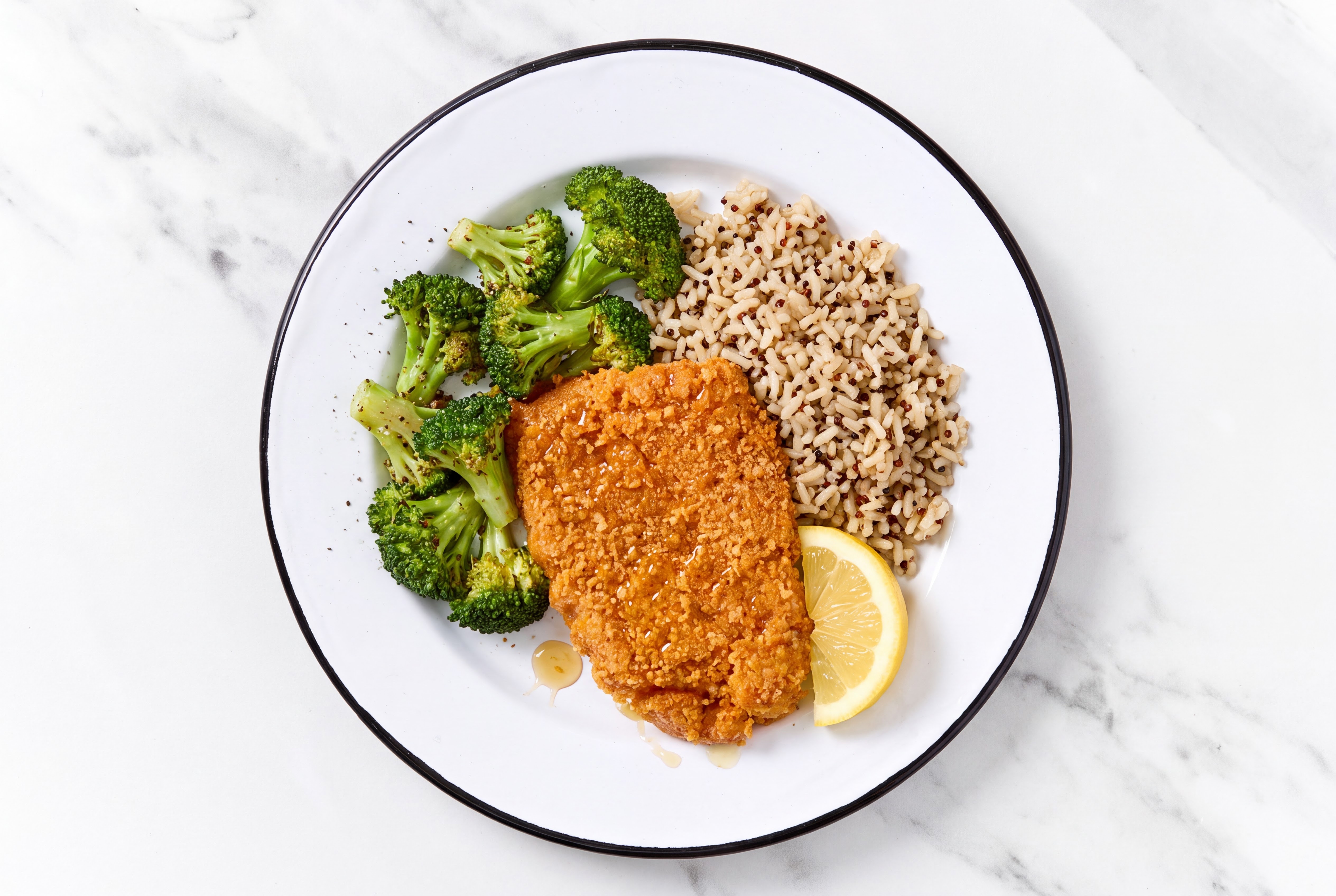 Lemon Hot Honey Breaded Chicken Cutlet with Broccoli & Brown Rice