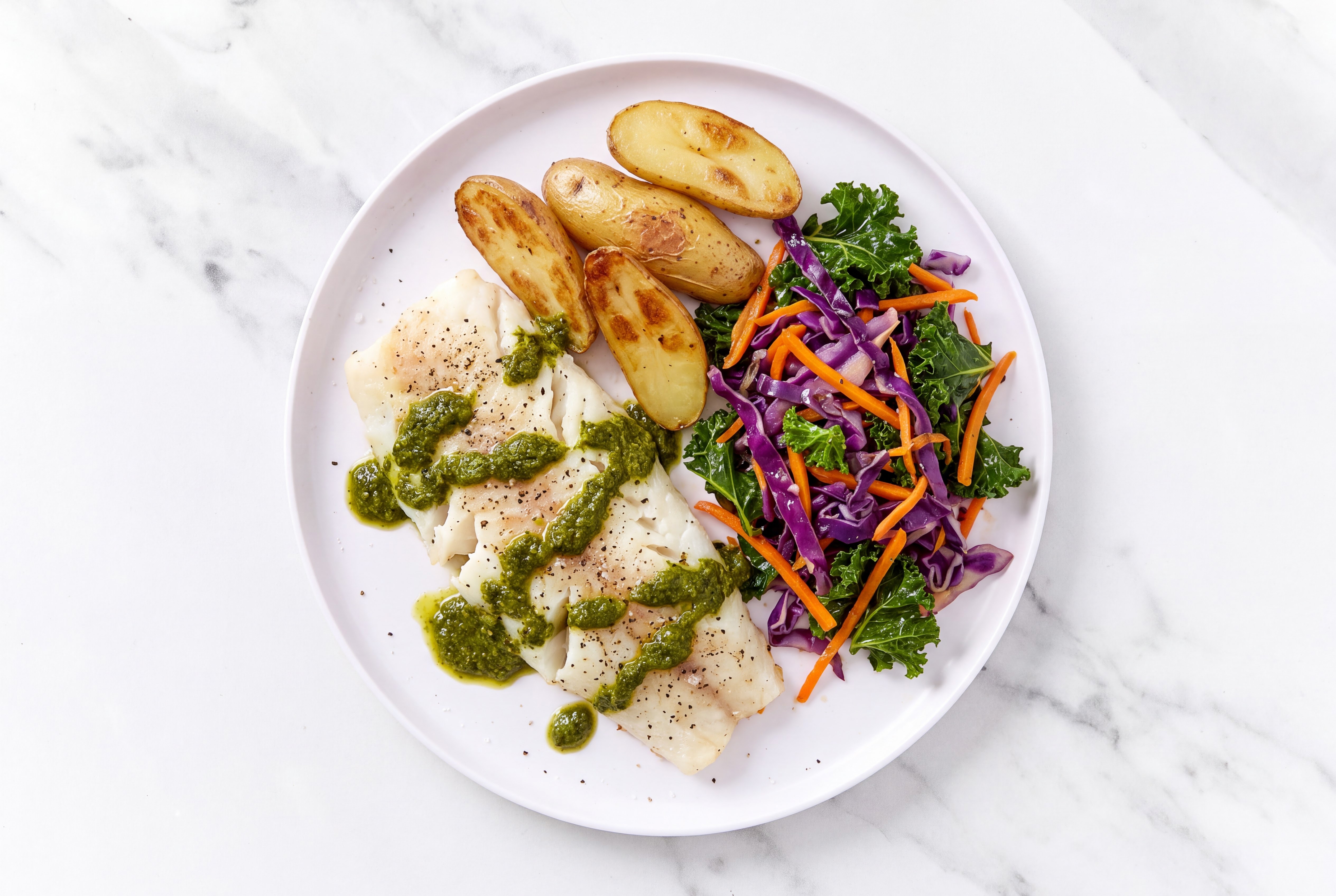 Oven Roasted Cod with Zhoug + Rainbow Veggies