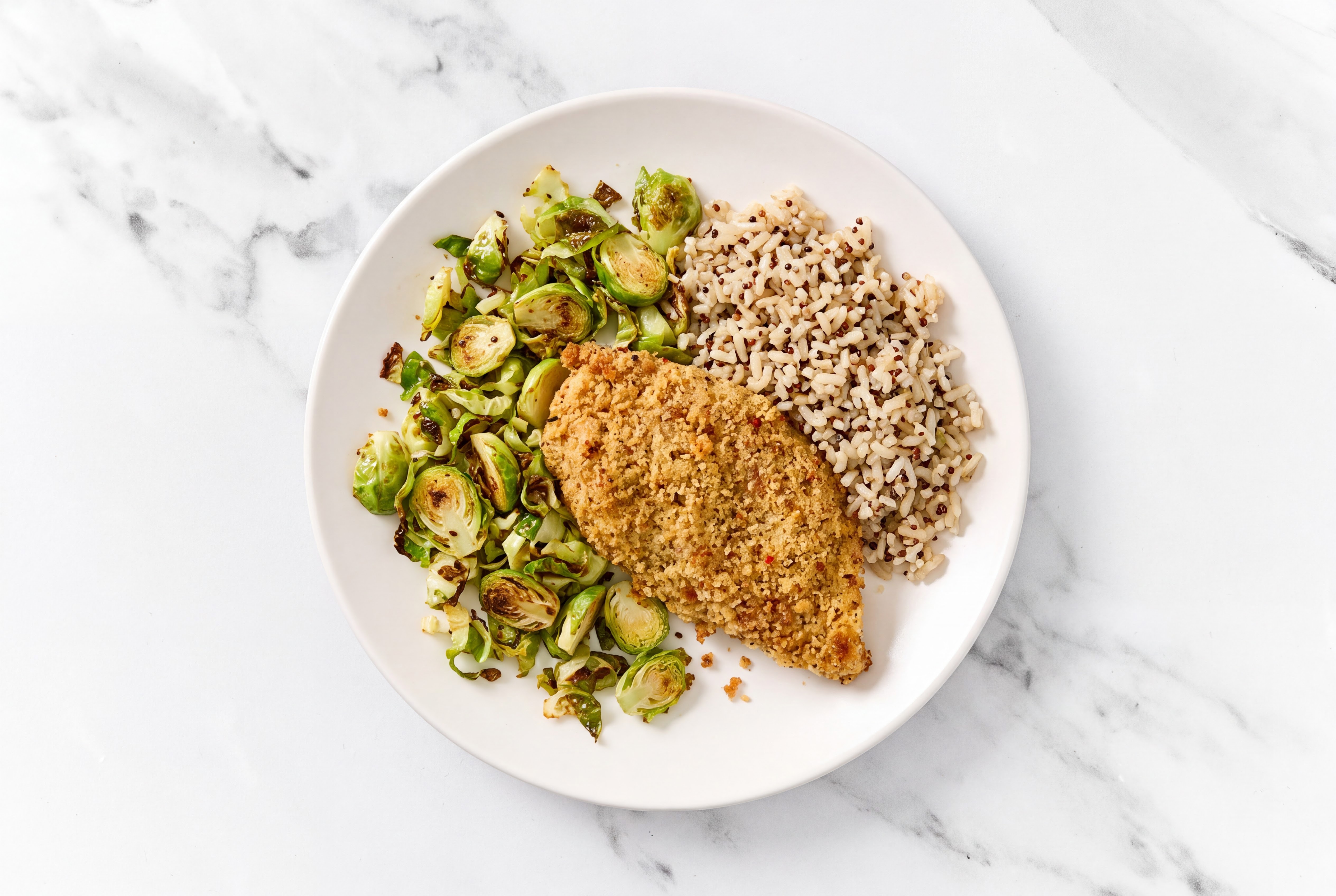 Parmesan Breaded Chicken Cutlet with Brussels Sprouts & Brown Rice