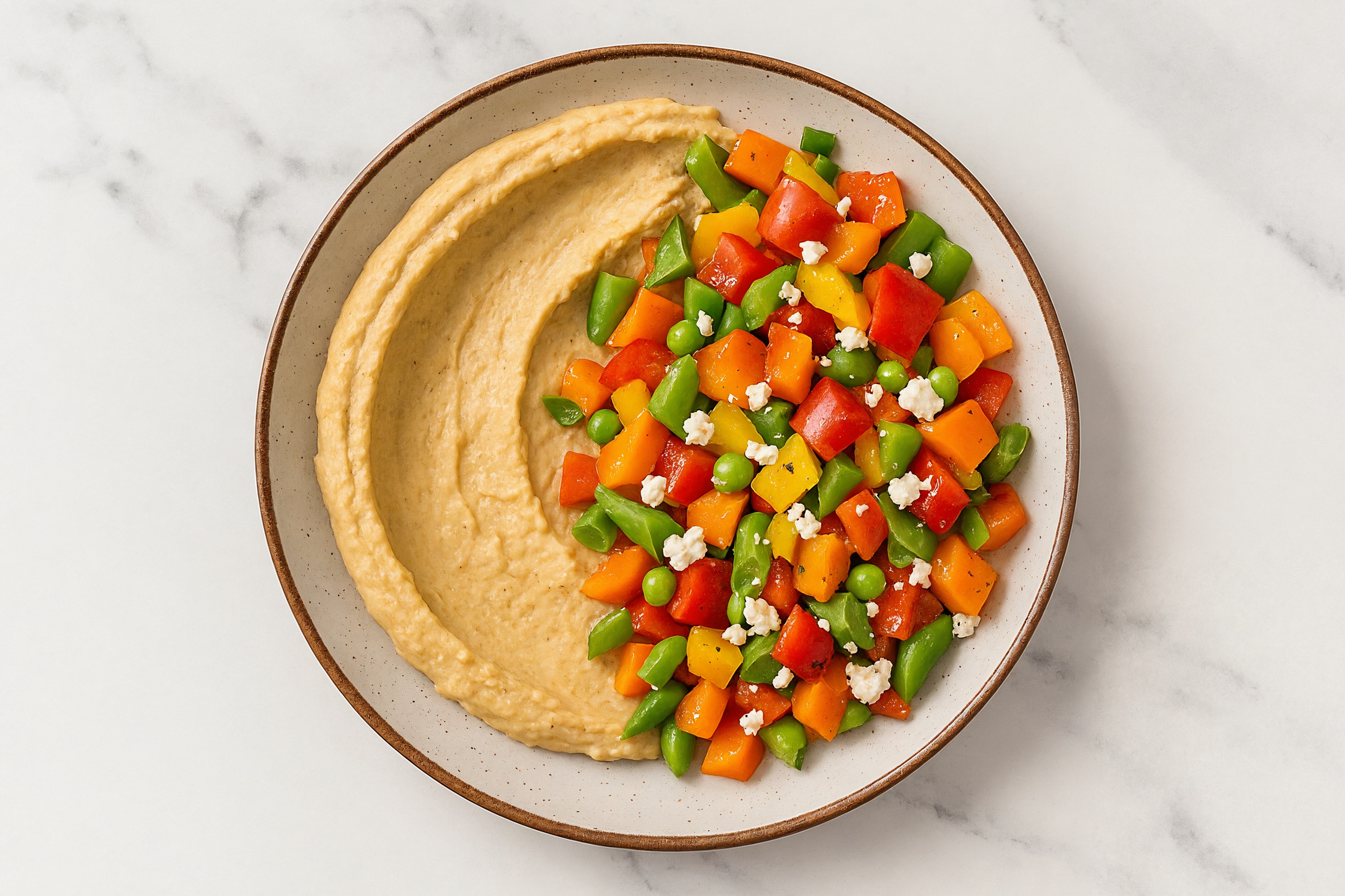 Crumbled Chevre Sweet Pepper Snap Pea Bowl over Onion Hummus