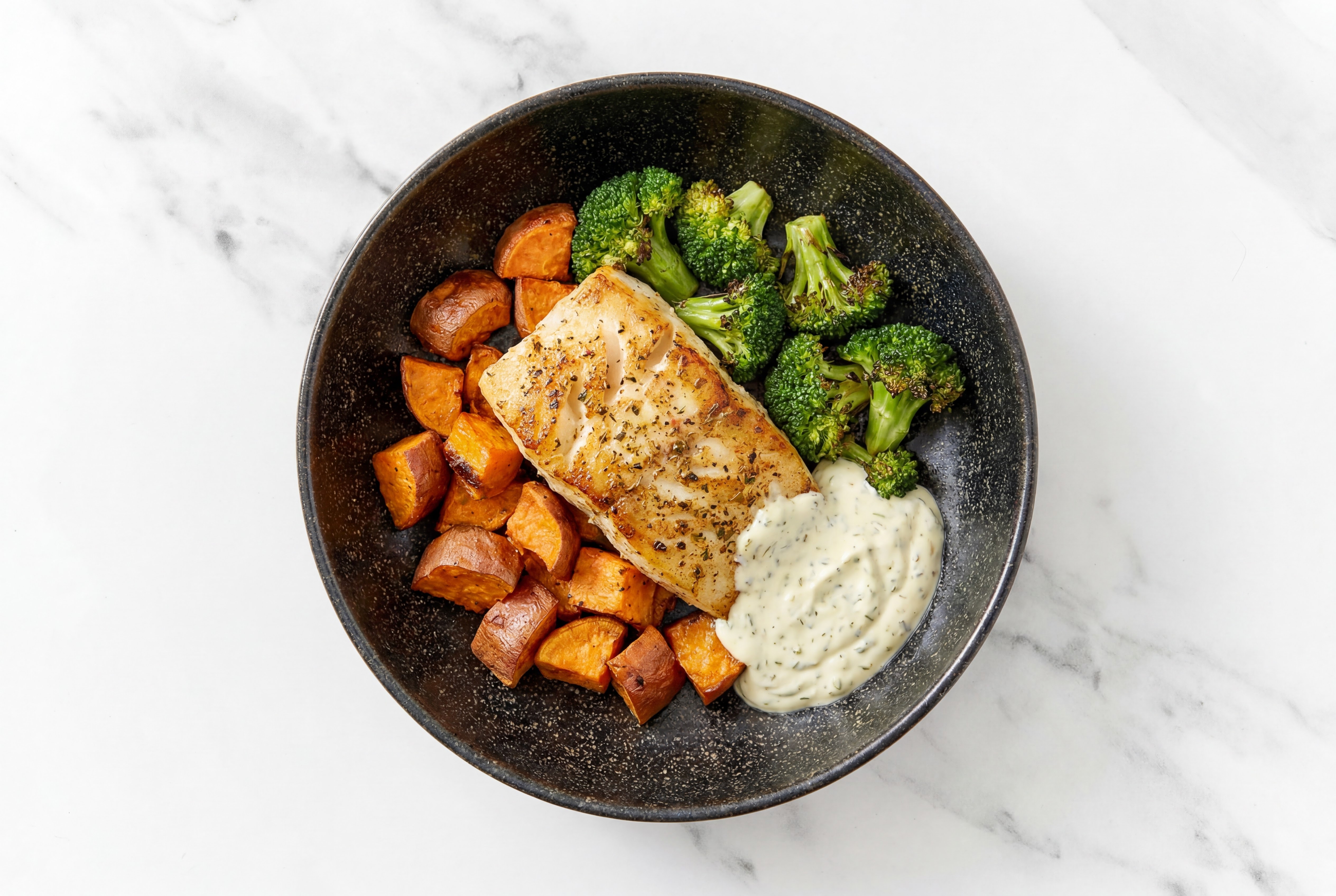 Halibut + Broccoli Bowl with Creamy Garlicky Sauce