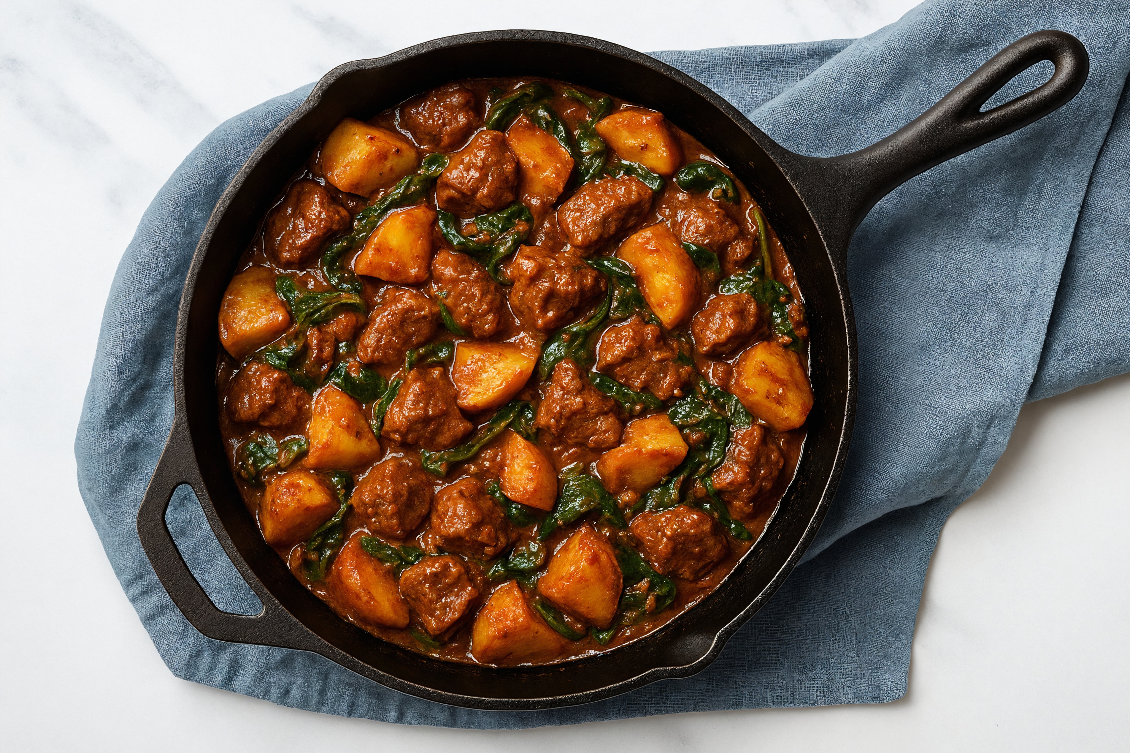 Lamb Vindaloo with Yellow Potatoes + Organic Spinach Saute