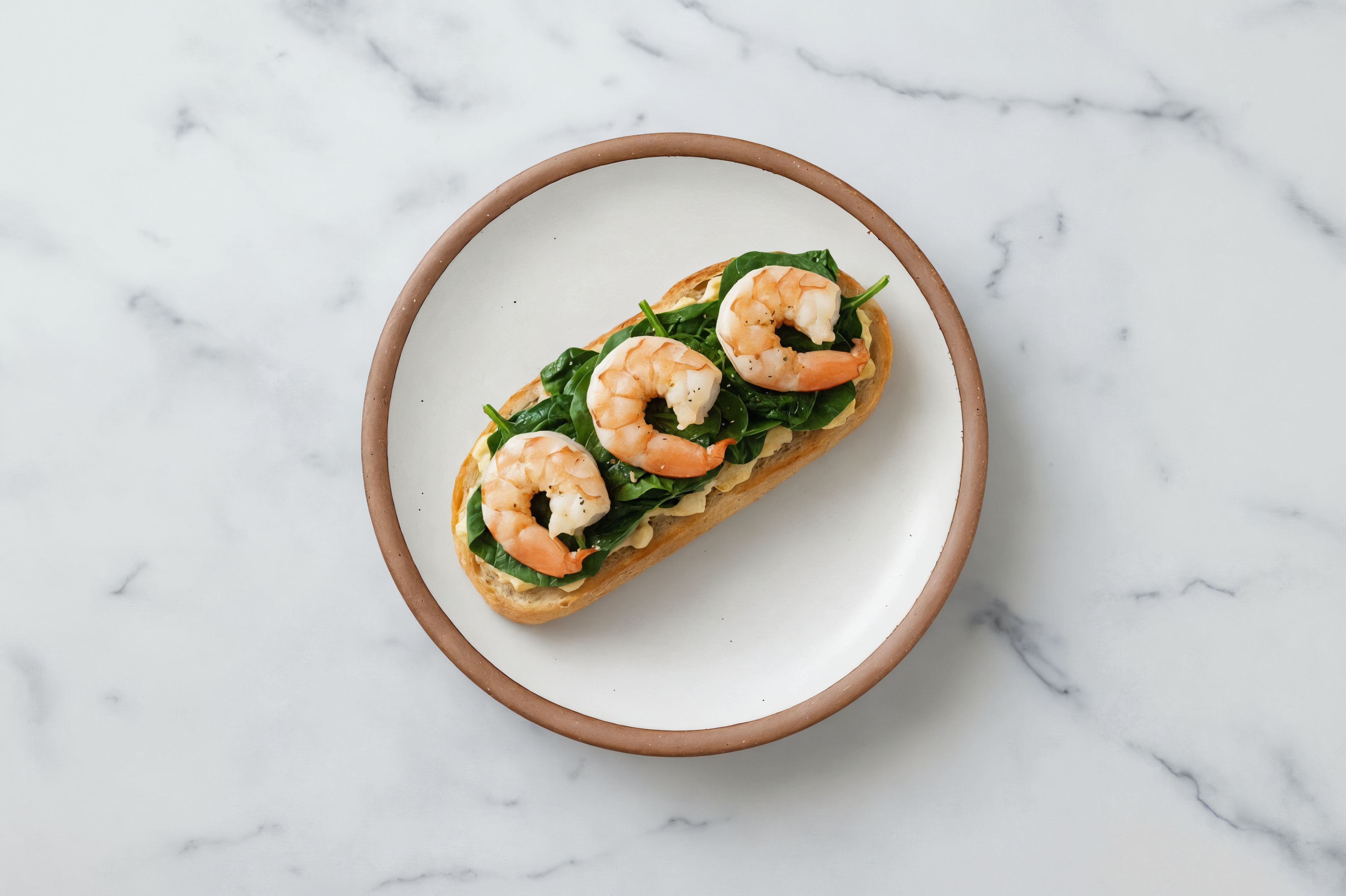 Jumbo Shrimp with Mexican Street Corn + Fresh Spinach on Baguette