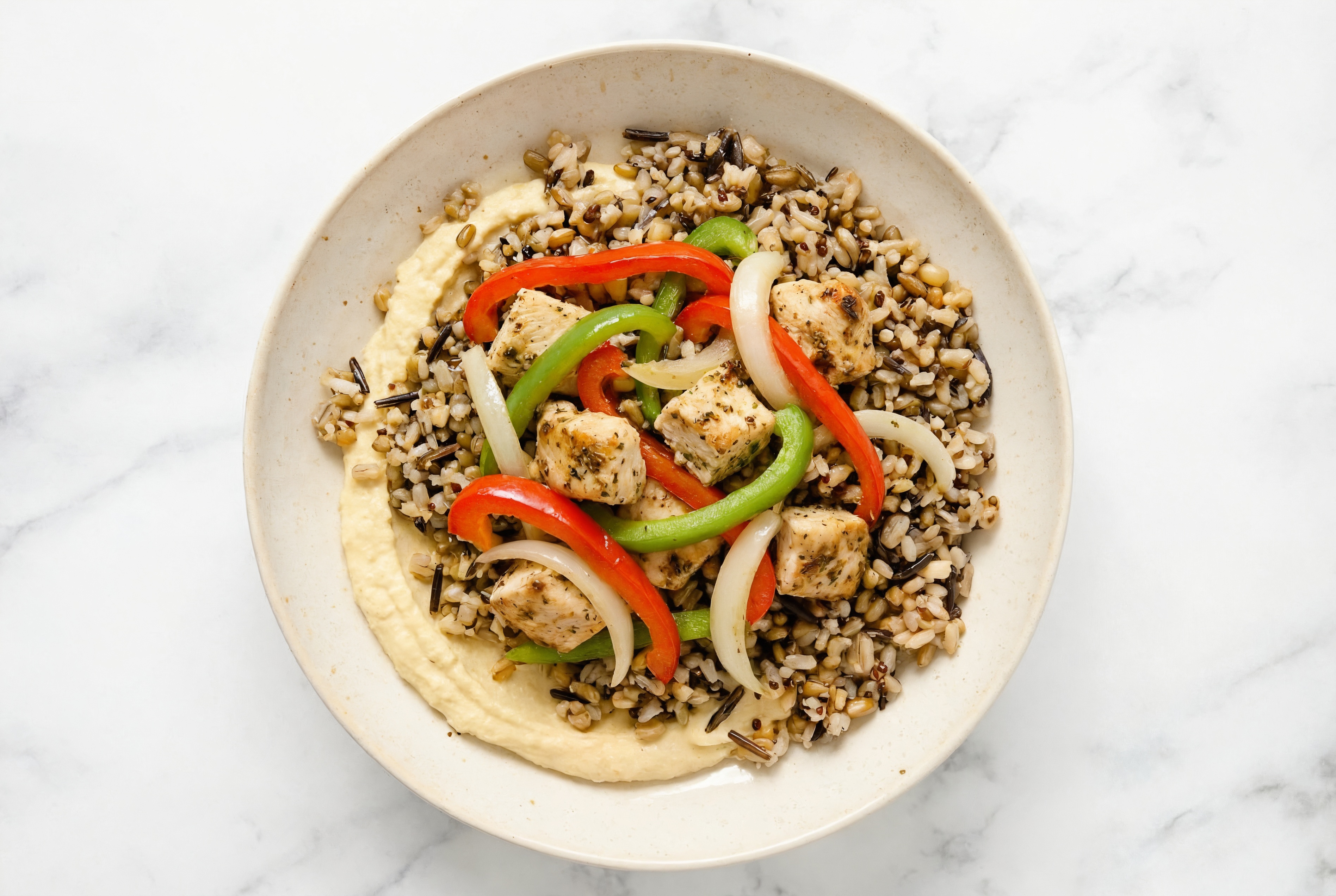 Chicken & Veggie Grain Bowl with Lemon Garlic Hummus