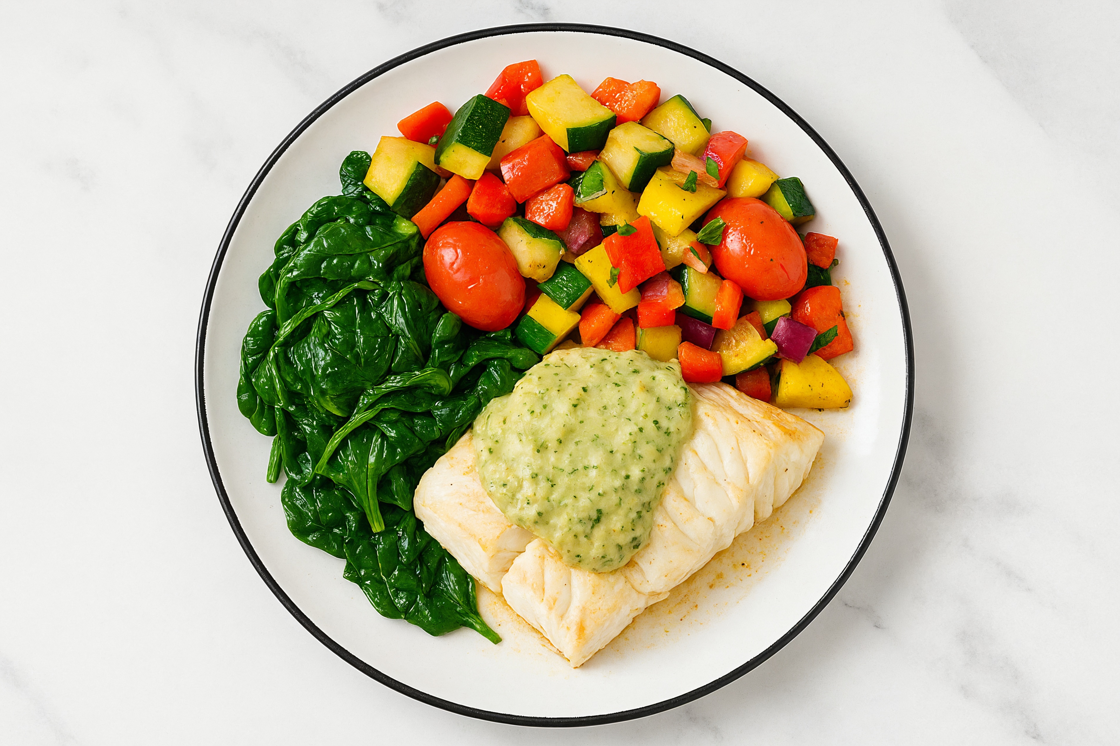 Roasted Halibut with Sautéed Summer Veggies with Baby Spinach