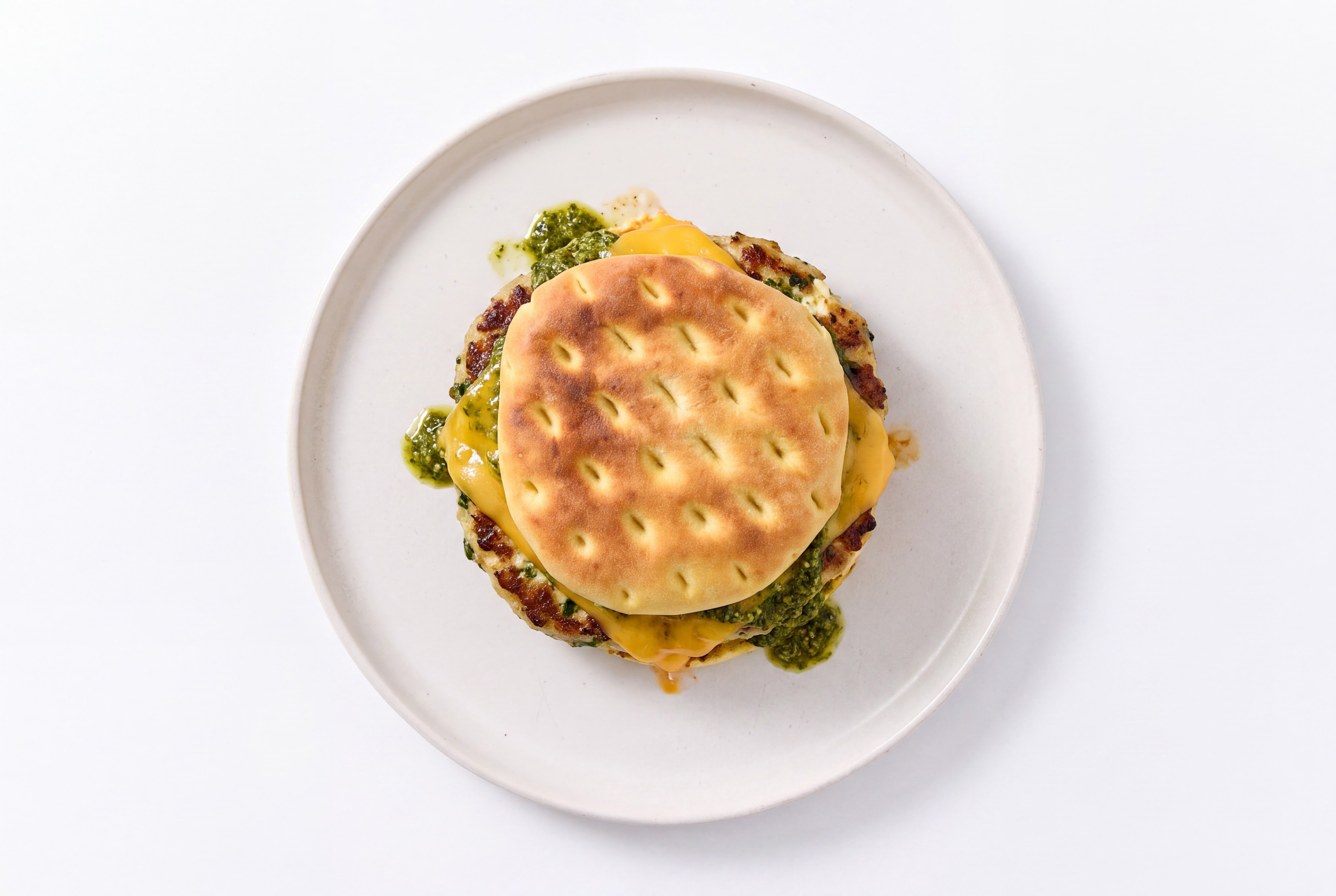 Garlic Turkey Burger on Brioche Thin Buns with Spinach Pesto & Cheddar