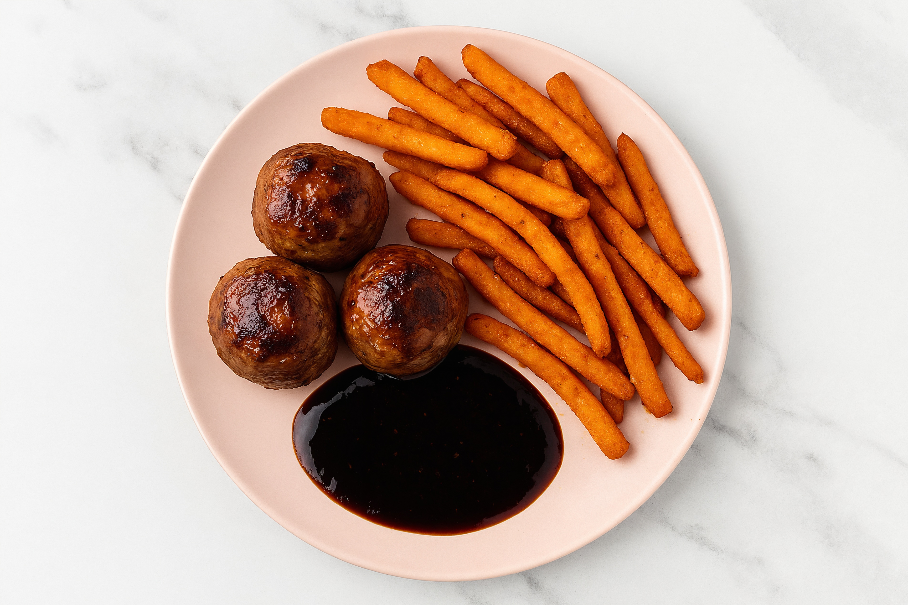 Teriyaki Meatballs with Sweet Potato Fries