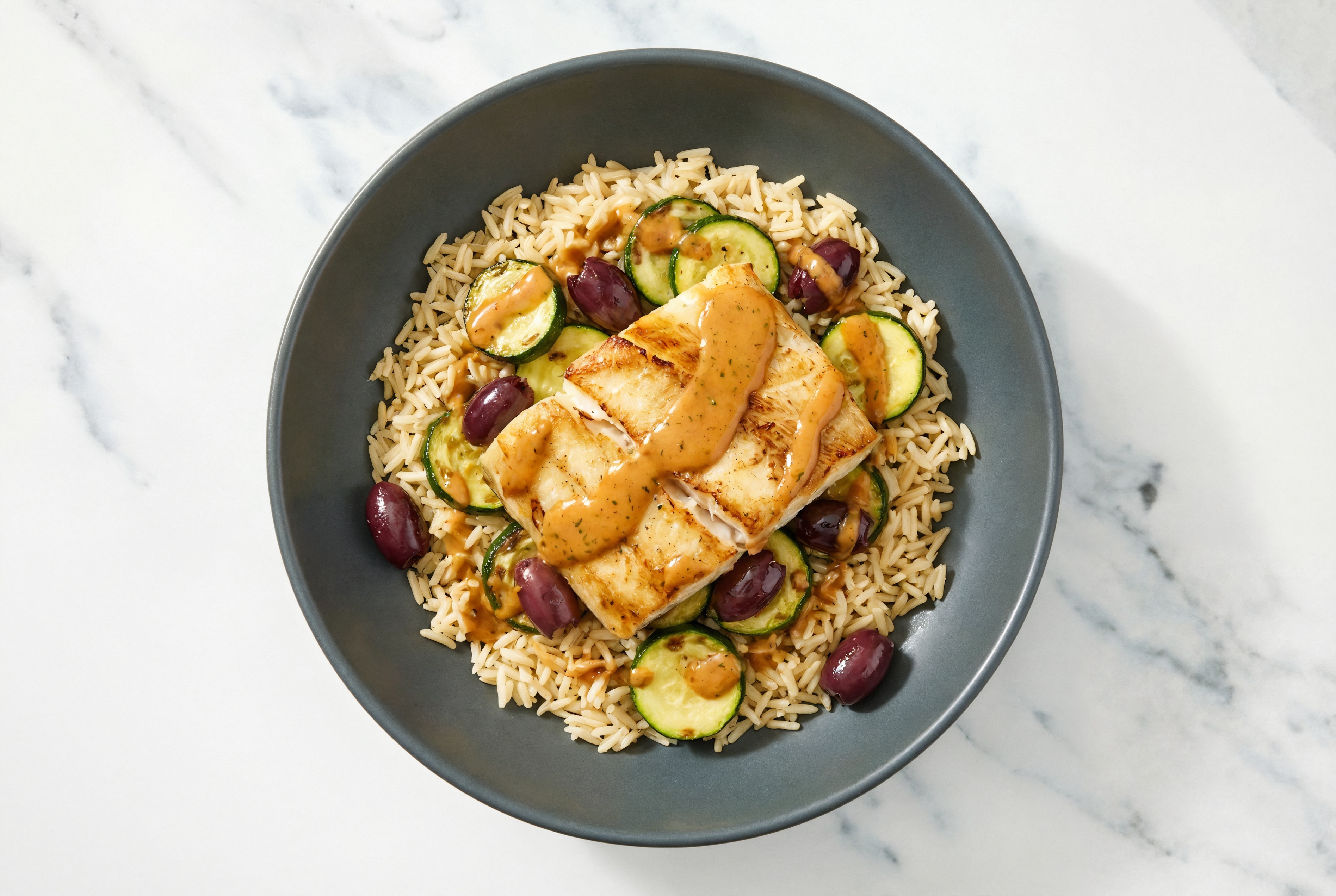 Mediterranean Barramundi Grain Bowl with Garlicky Smoky BBQ Dipping Sauce
