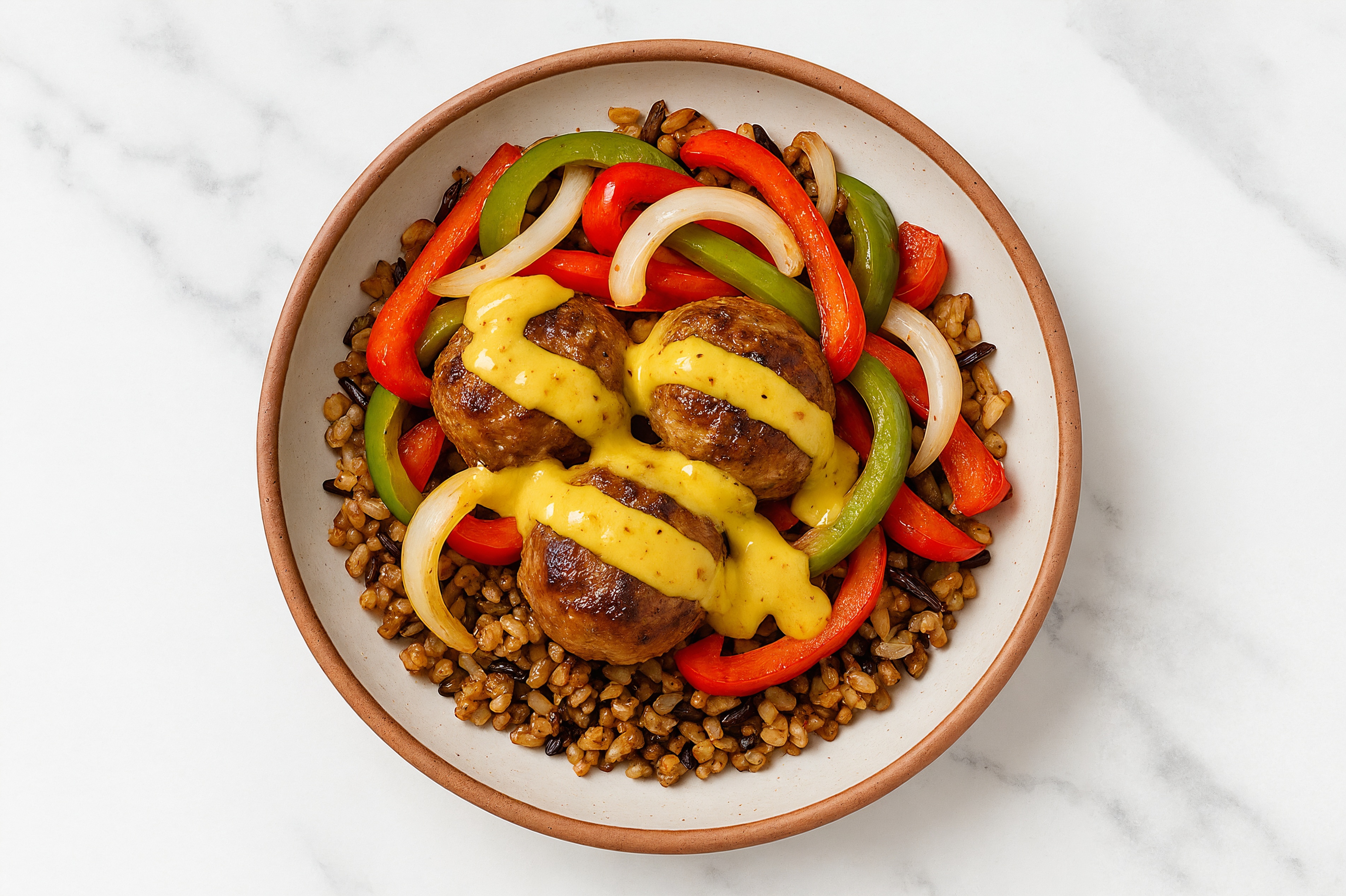 Meatball & Veggie Grain Bowl with Honey Mustard
