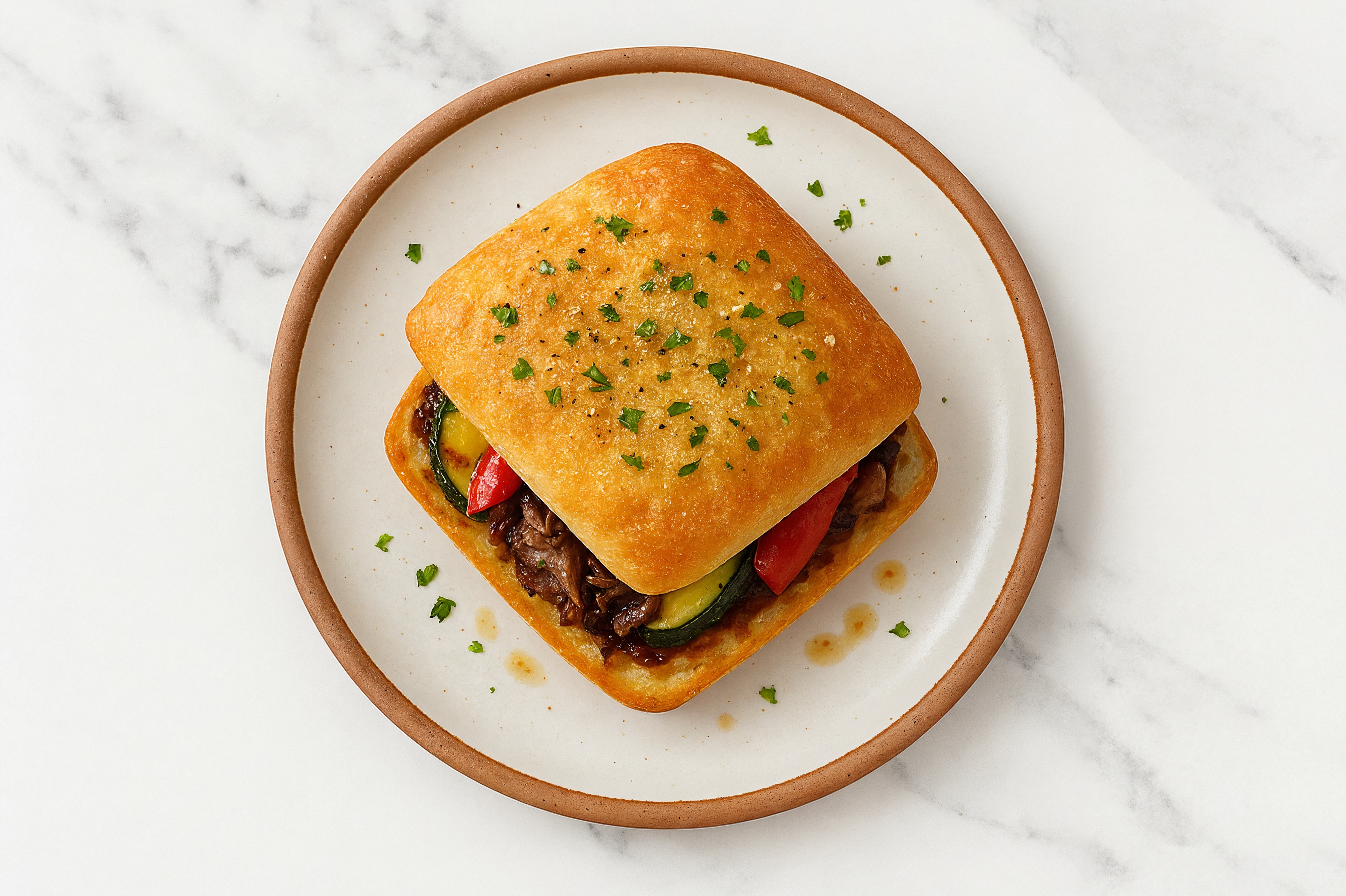 Garlic Bread Short Rib + Grilled Veggie Sandwich with Red Bell Pepper