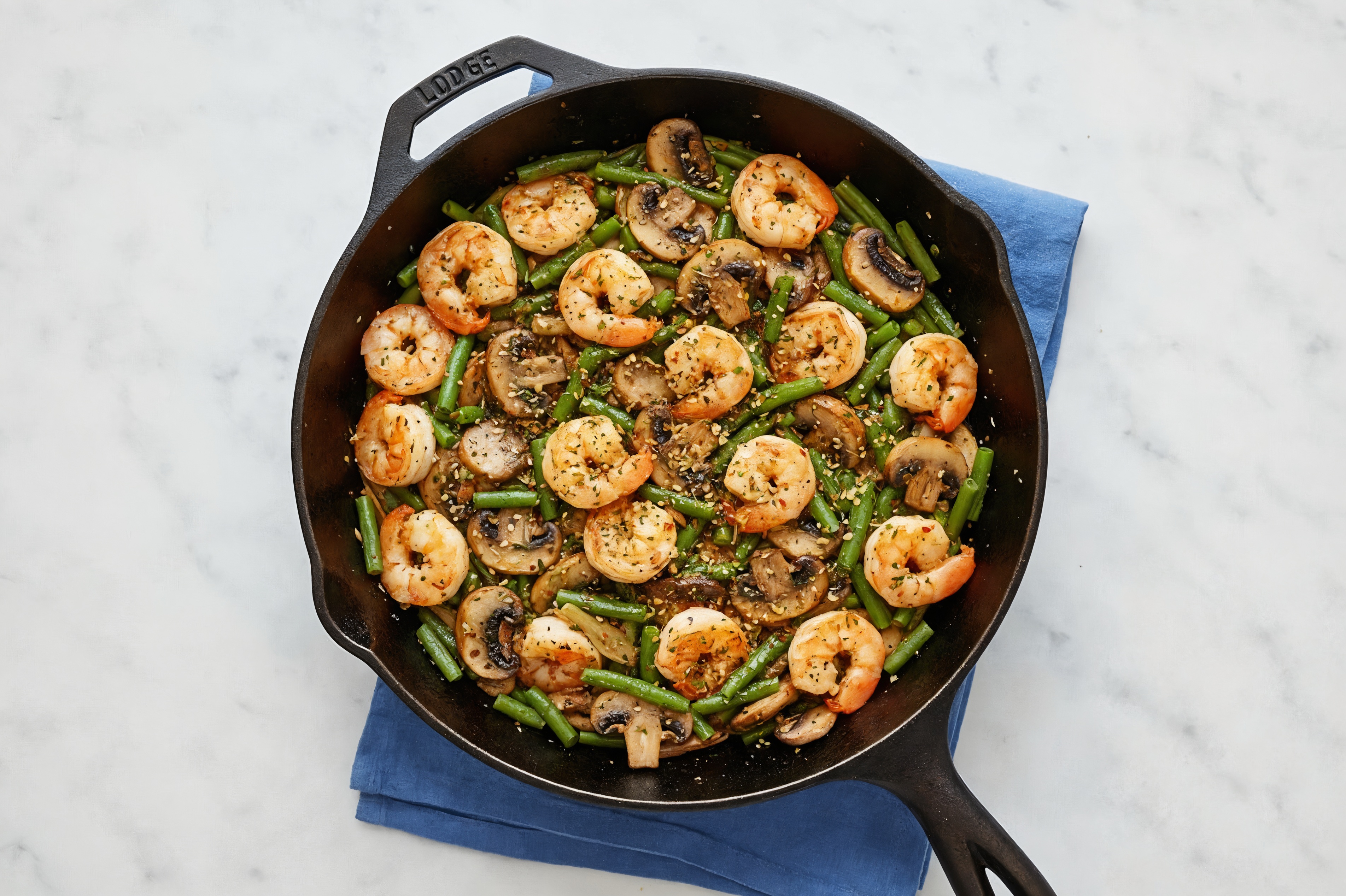 Garlic Jumbo Shrimp with Mushrooms + Green Beans