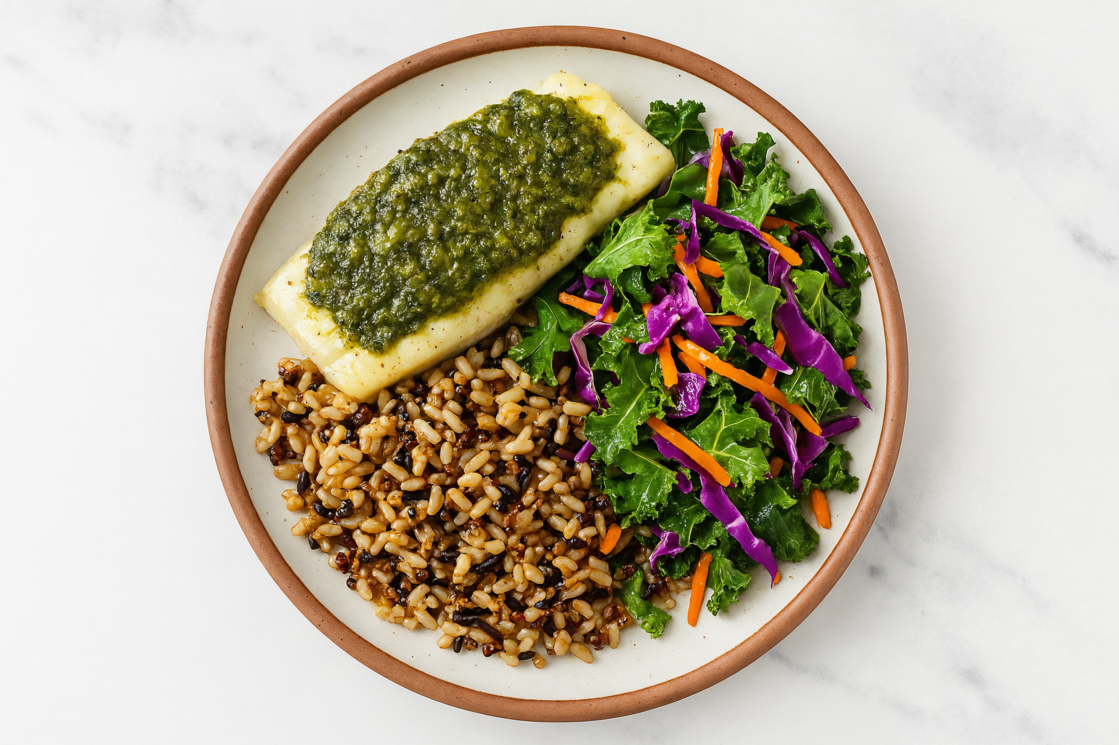 Pesto Baked Cod + Rainbow Veggies with Grains