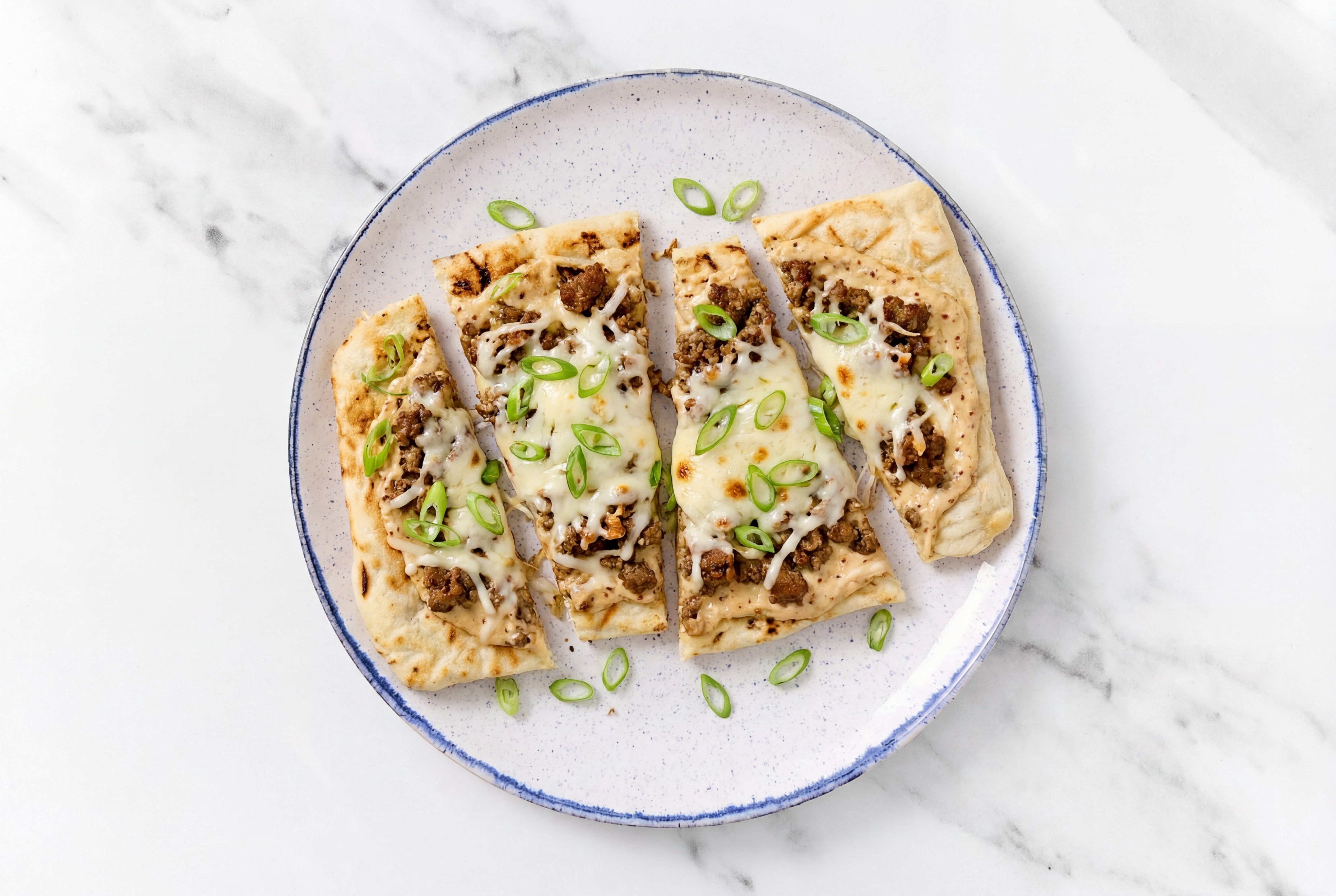 Sweet Onion Ground Italian-Style Beef Grilled Pizza with "Mozzarella" + Fresh Scallions