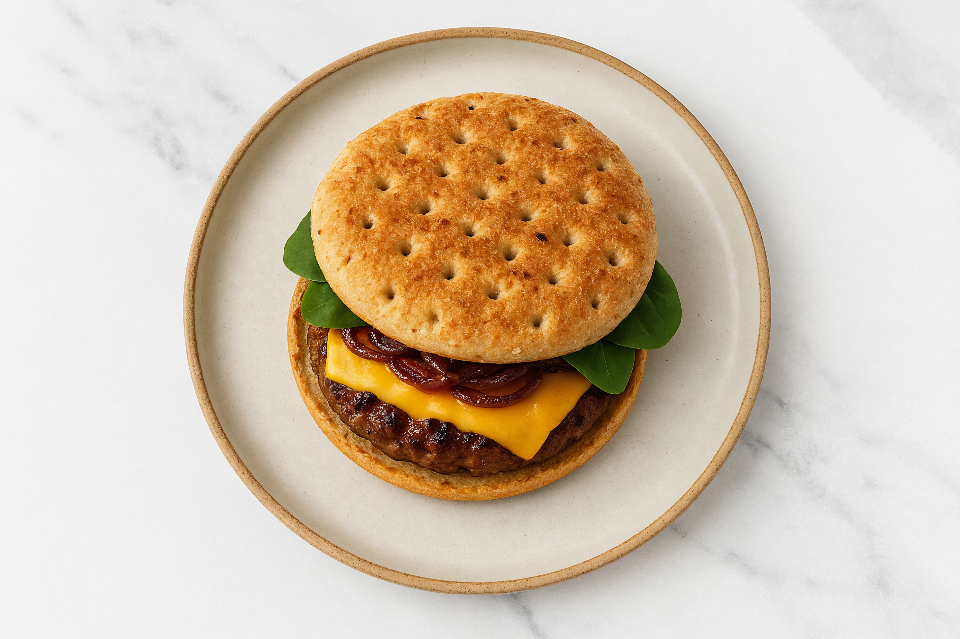 Juicy Caramelized Onion Cheeseburger on Multigrain with Baby Spinach