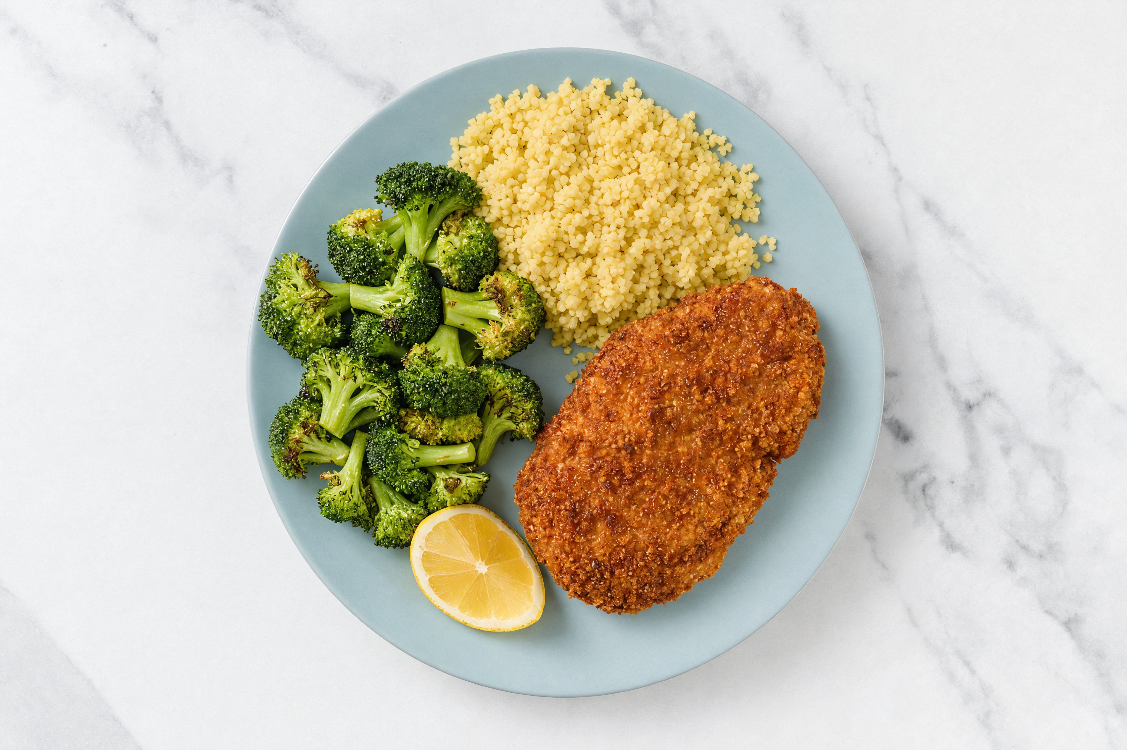 Lemon Hot Honey Breaded Chicken Cutlet with Broccoli & Couscous