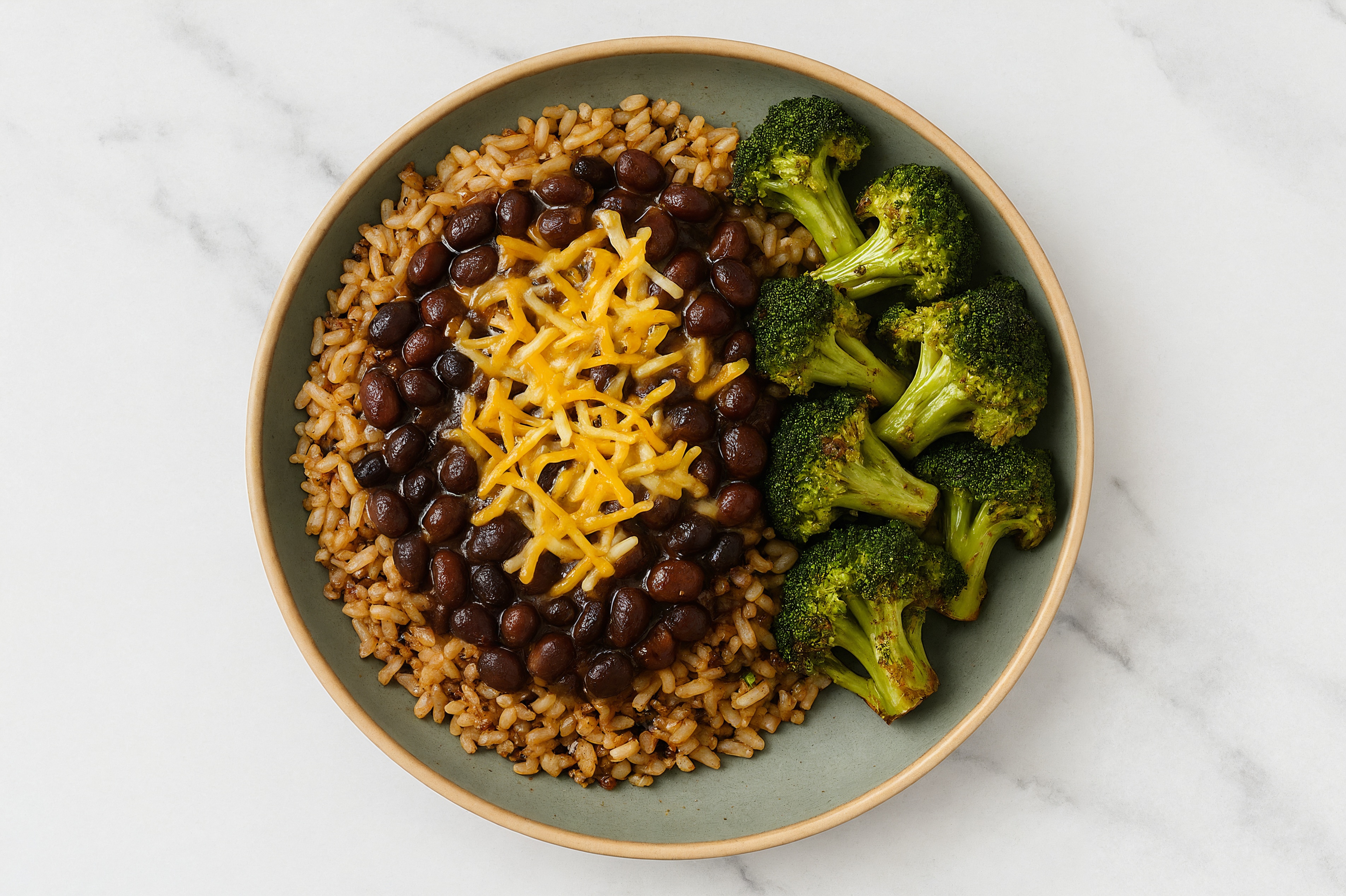 Black Bean 'n Vegan Cheezy Rice Bowl with Broccoli Florets