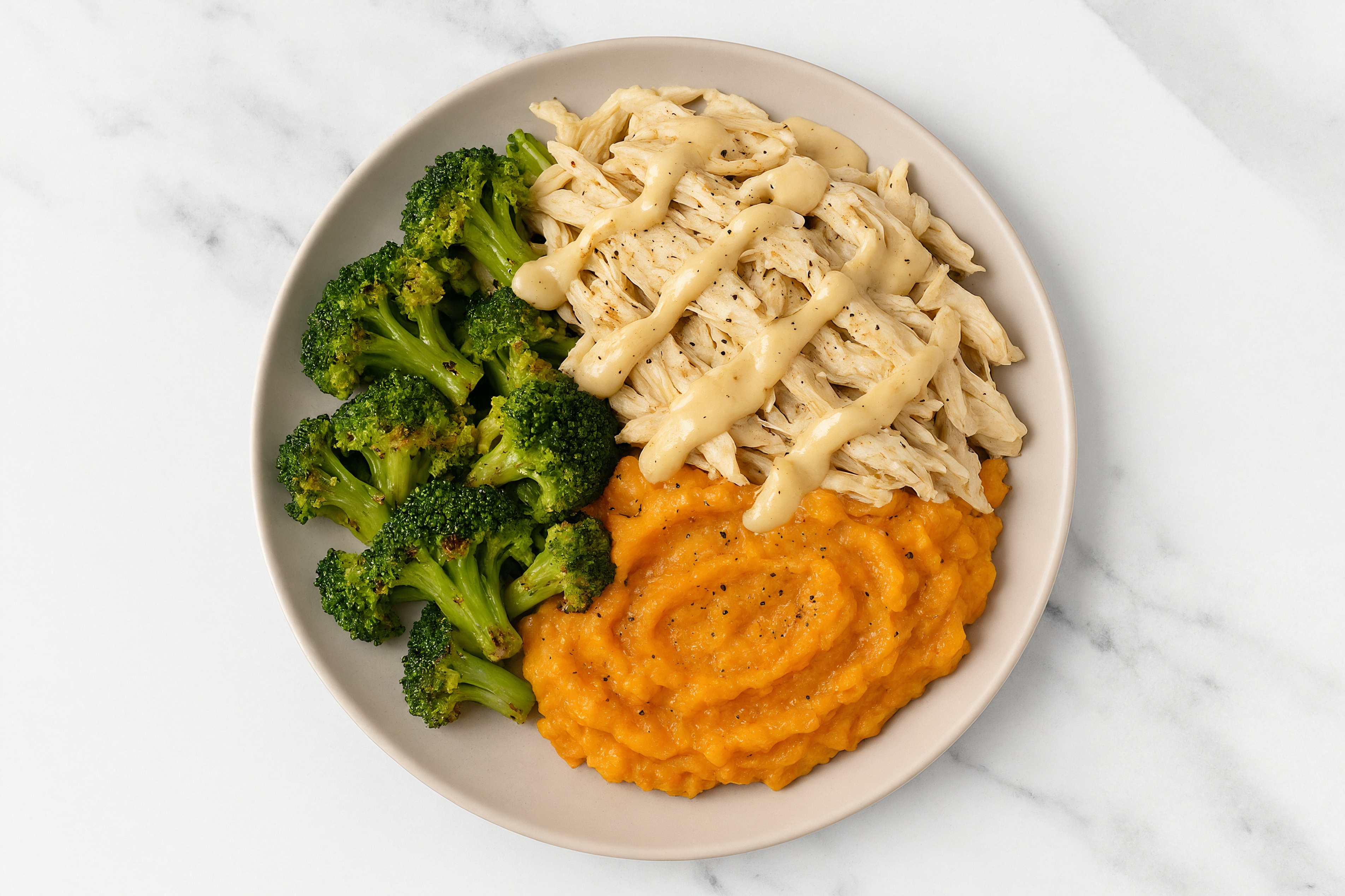 Creamy Miso Chicken Sweet Potato Bowl with Broccoli Florets