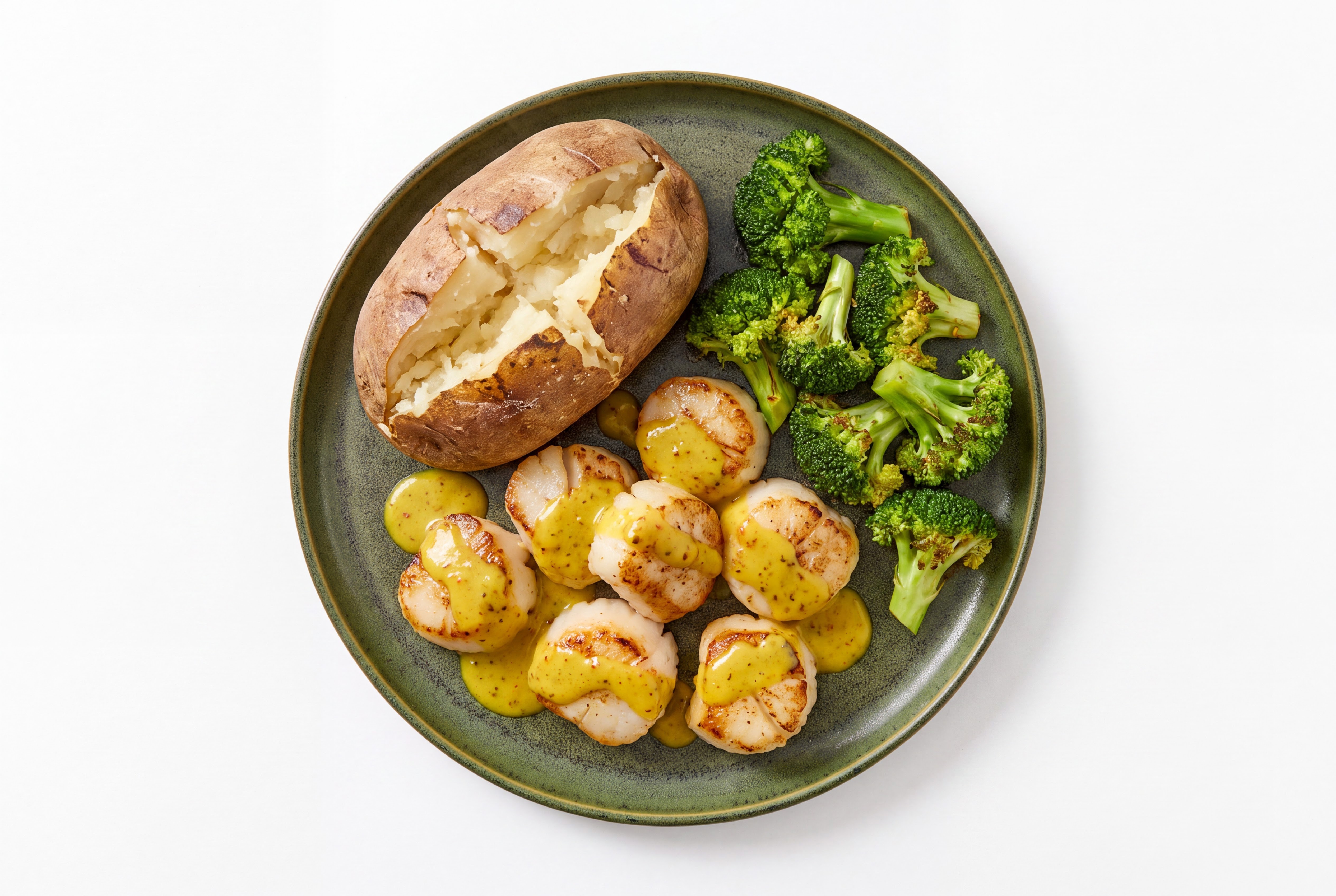 Curry Jumbo Scallops with Russet Potato & Broccoli
