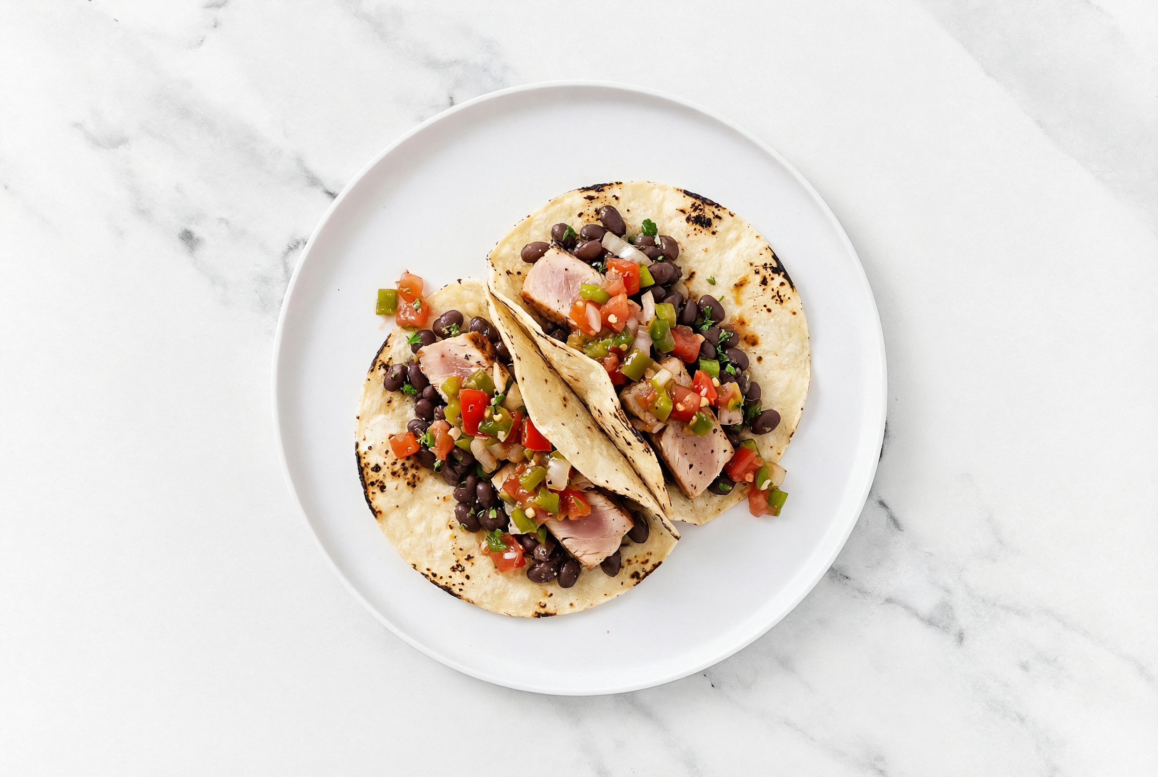 Hearty Cuban Spiced Black Beans Bean Tacos with Seared Tuna & Pico De Gallo