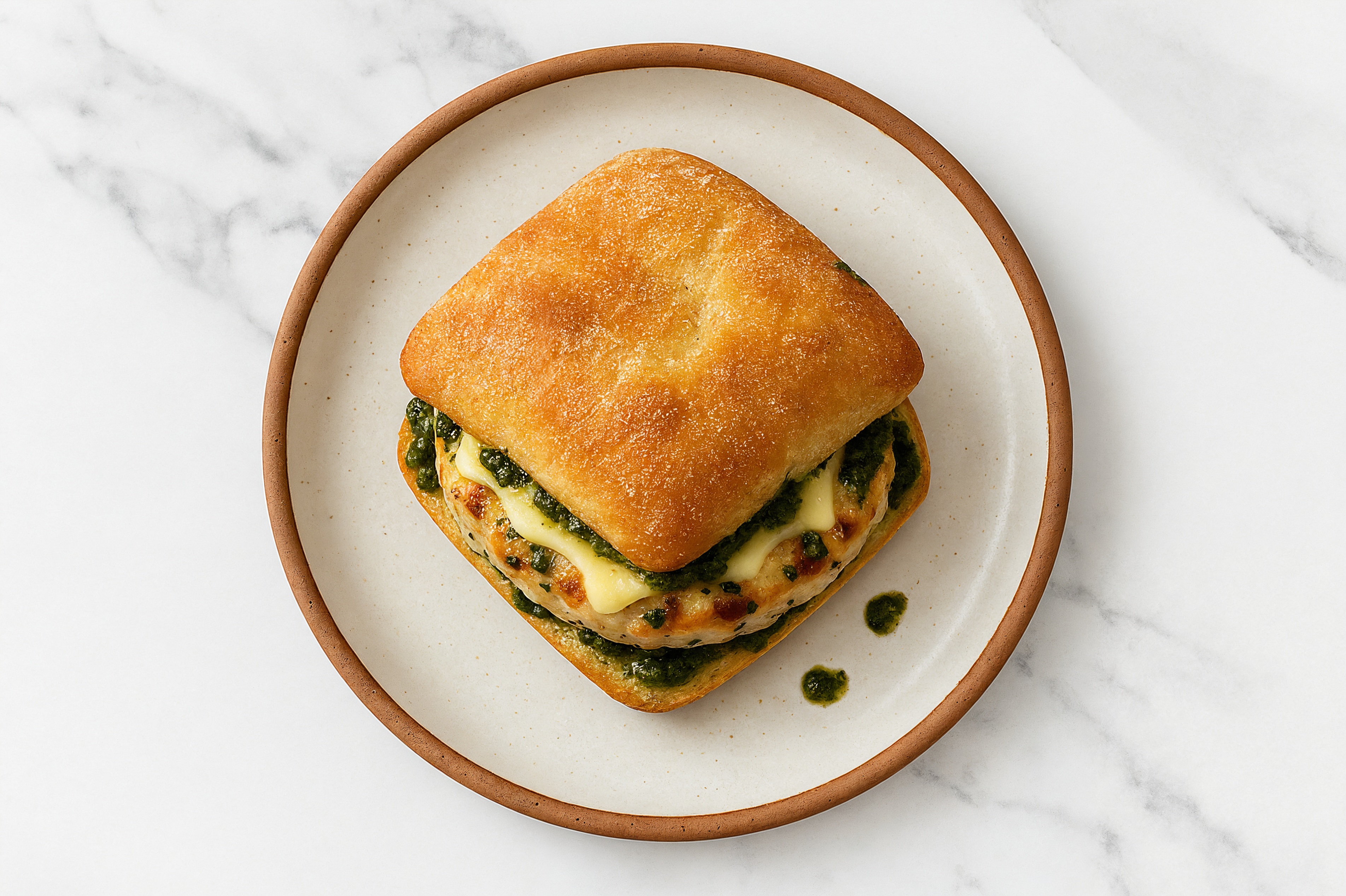 Garlic Chicken Burger on Ciabatta with Spinach Pesto & Havarti